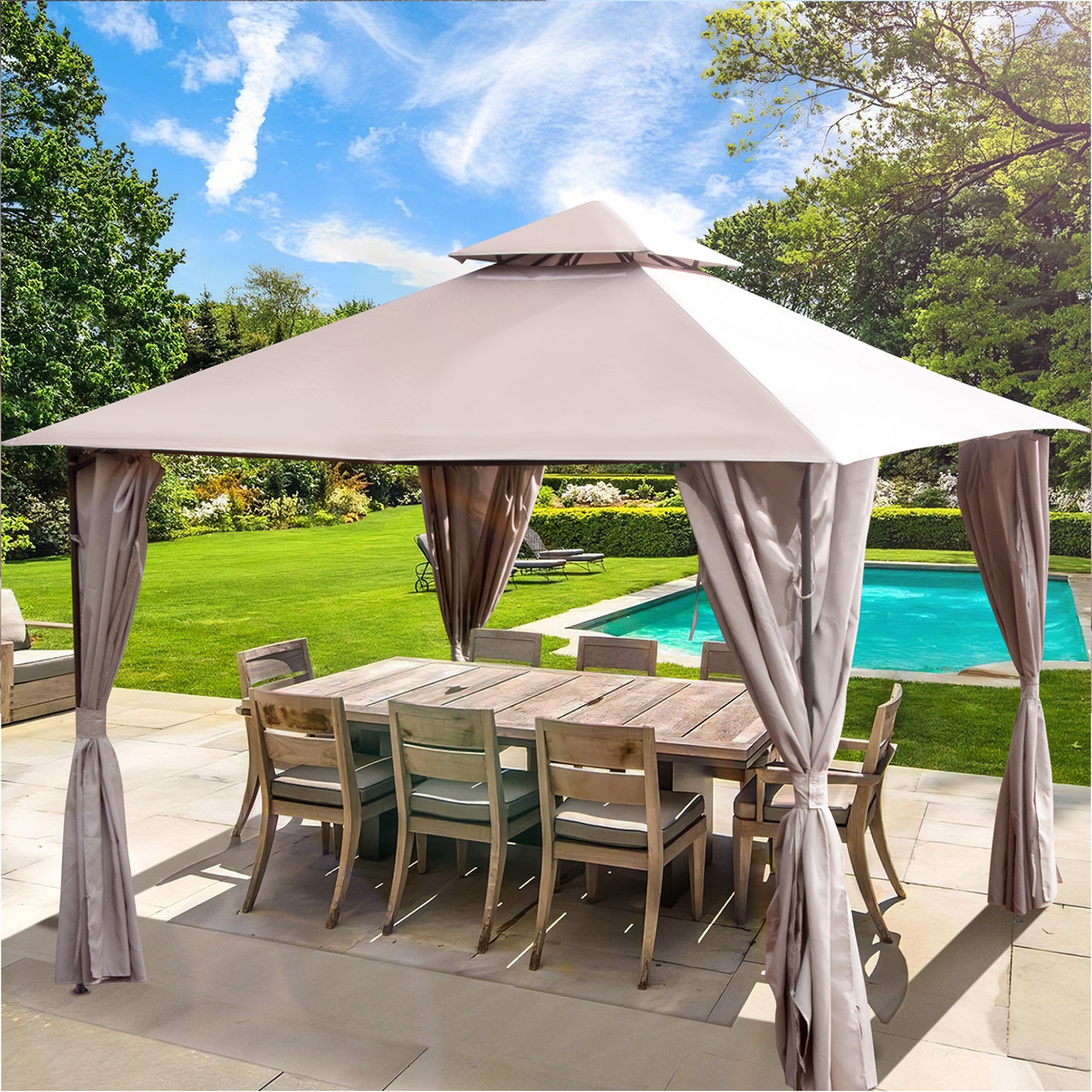 10' x 13' Gazebo for Patios, Double Roof Gazebo with Mosquito Netting for Shade and Rain, Outdoor Canopy Tent for Backyard, Garden, Lawn, Deck, Khaki, Y022