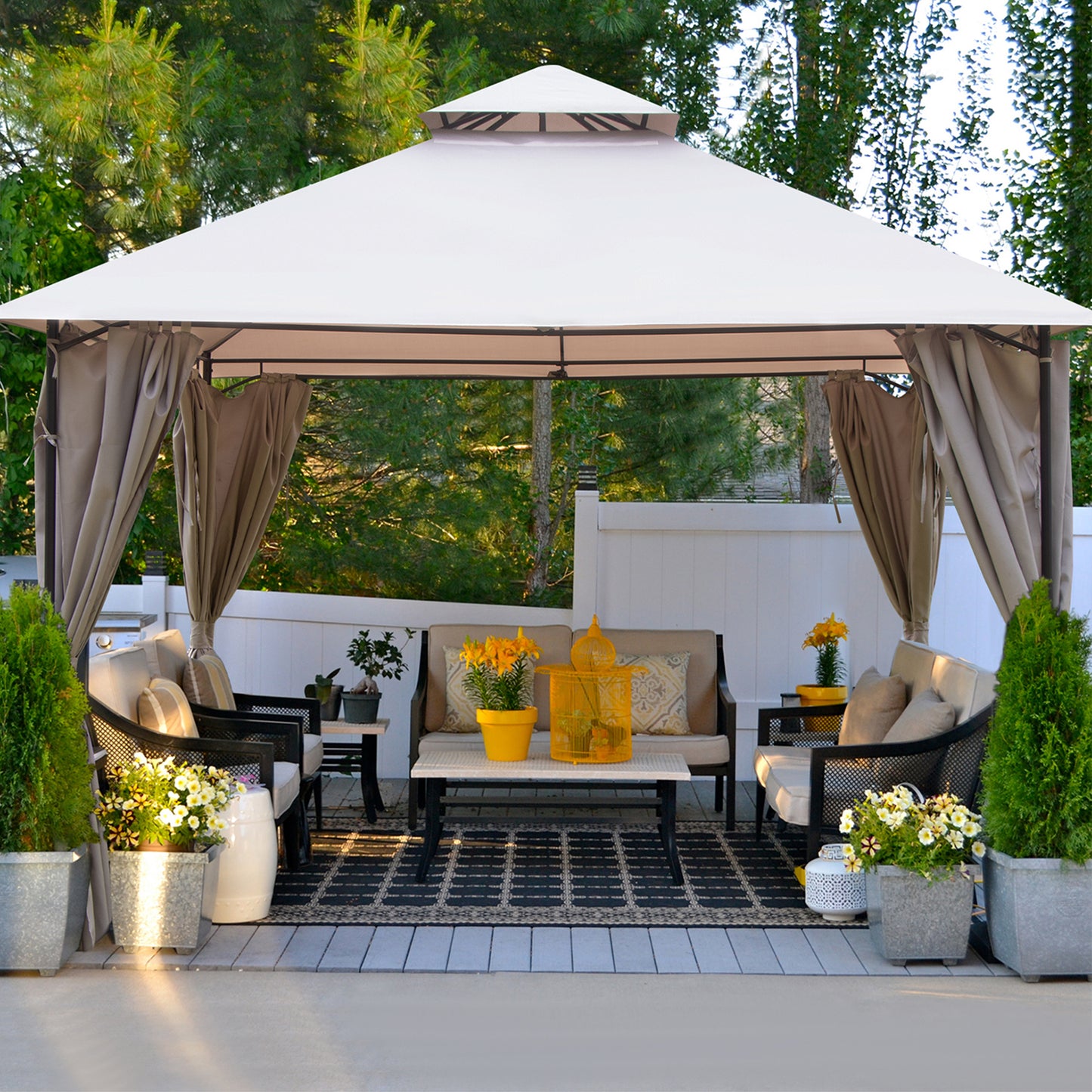 10' x 13' Gazebo for Patios, Double Roof Gazebo with Mosquito Netting for Shade and Rain, Outdoor Canopy Tent for Backyard, Garden, Lawn, Deck, Khaki, Y022