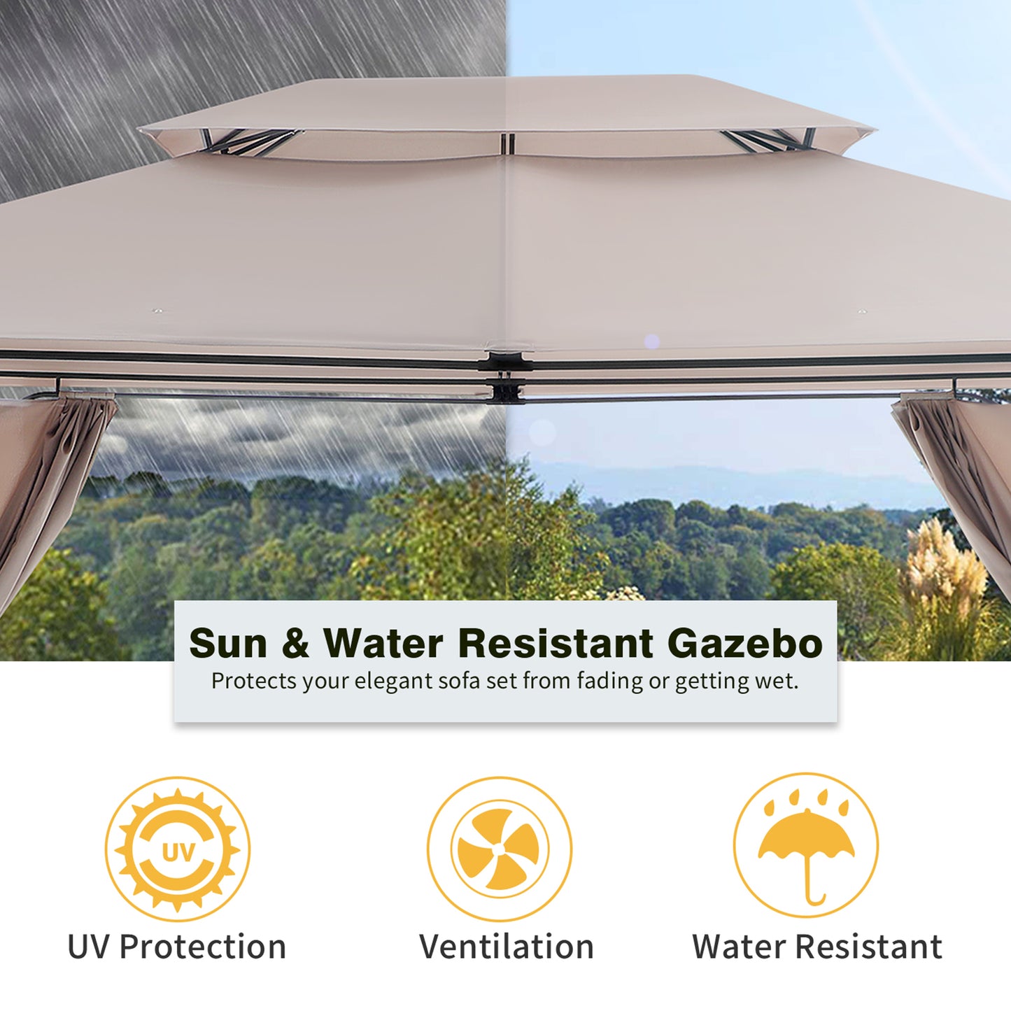 10' x 13' Gazebo for Patios, Double Roof Gazebo with Mosquito Netting for Shade and Rain, Outdoor Canopy Tent for Backyard, Garden, Lawn, Deck, Khaki, Y022