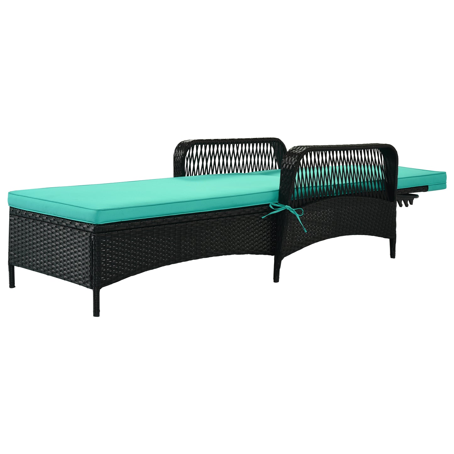 Outdoor PE Rattan Wicker Chaise Lounge, Patio Rattan Reclining Chair Furniture, Beach Pool Adjustable Backrest Recliners with Green Cushions