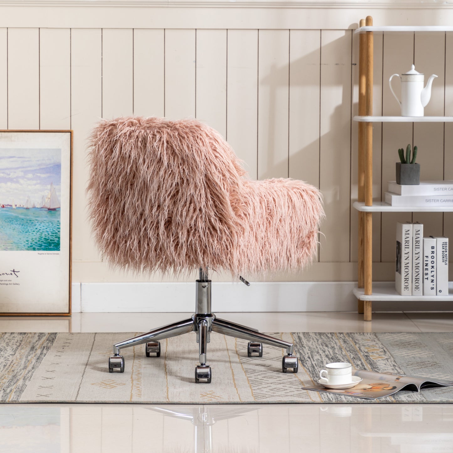 SYNGAR Cute Pink Fluffy Desk Chair for Teen Girl Kids, Home Office Computer Desk Chairs with Wheels, Comfy Faux Fur Swivel Rolling Task Chair Vanity Chair for Makeup Room, Bedroom, Living Room