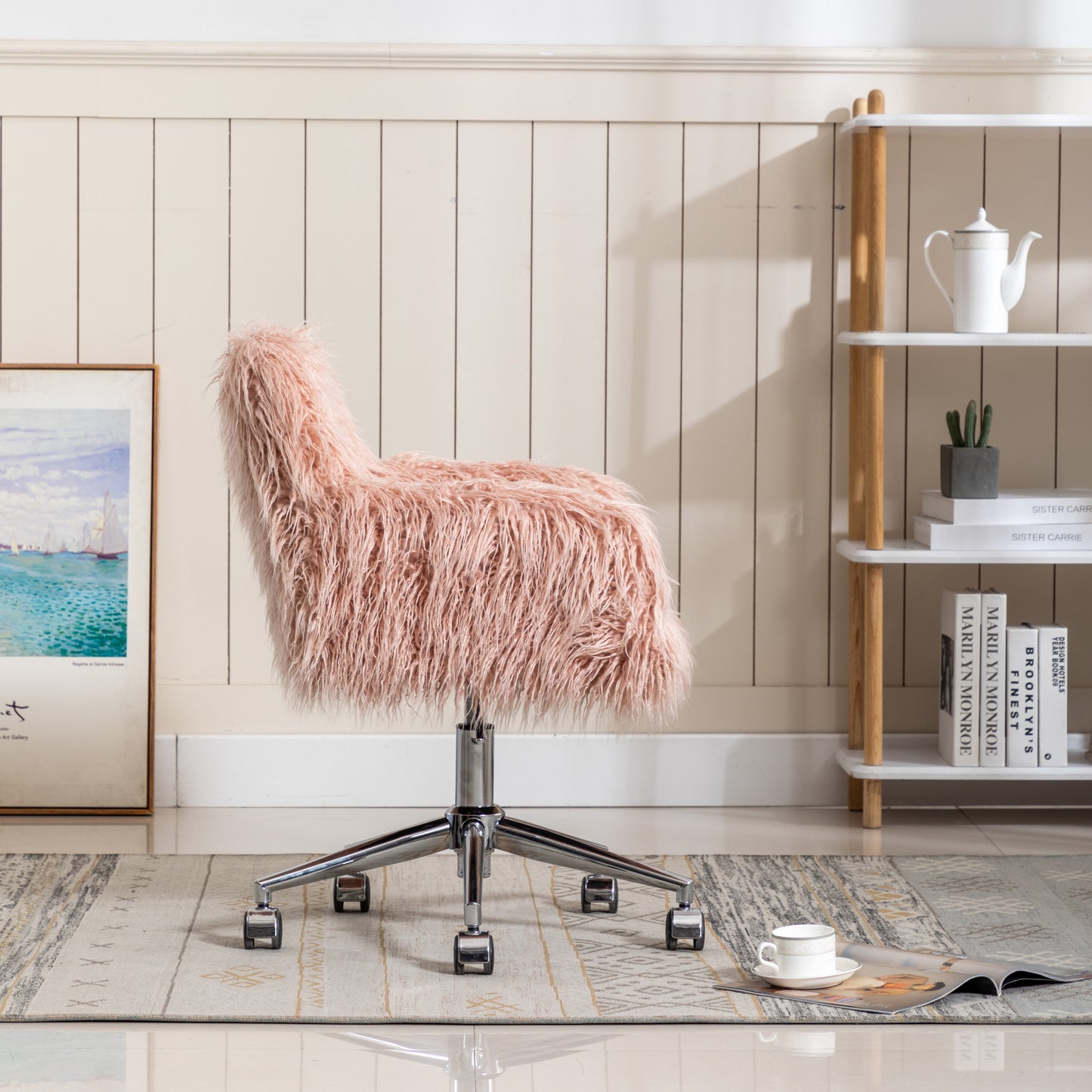 SYNGAR Cute Pink Fluffy Desk Chair for Teen Girl Kids, Home Office Computer Desk Chairs with Wheels, Comfy Faux Fur Swivel Rolling Task Chair Vanity Chair for Makeup Room, Bedroom, Living Room