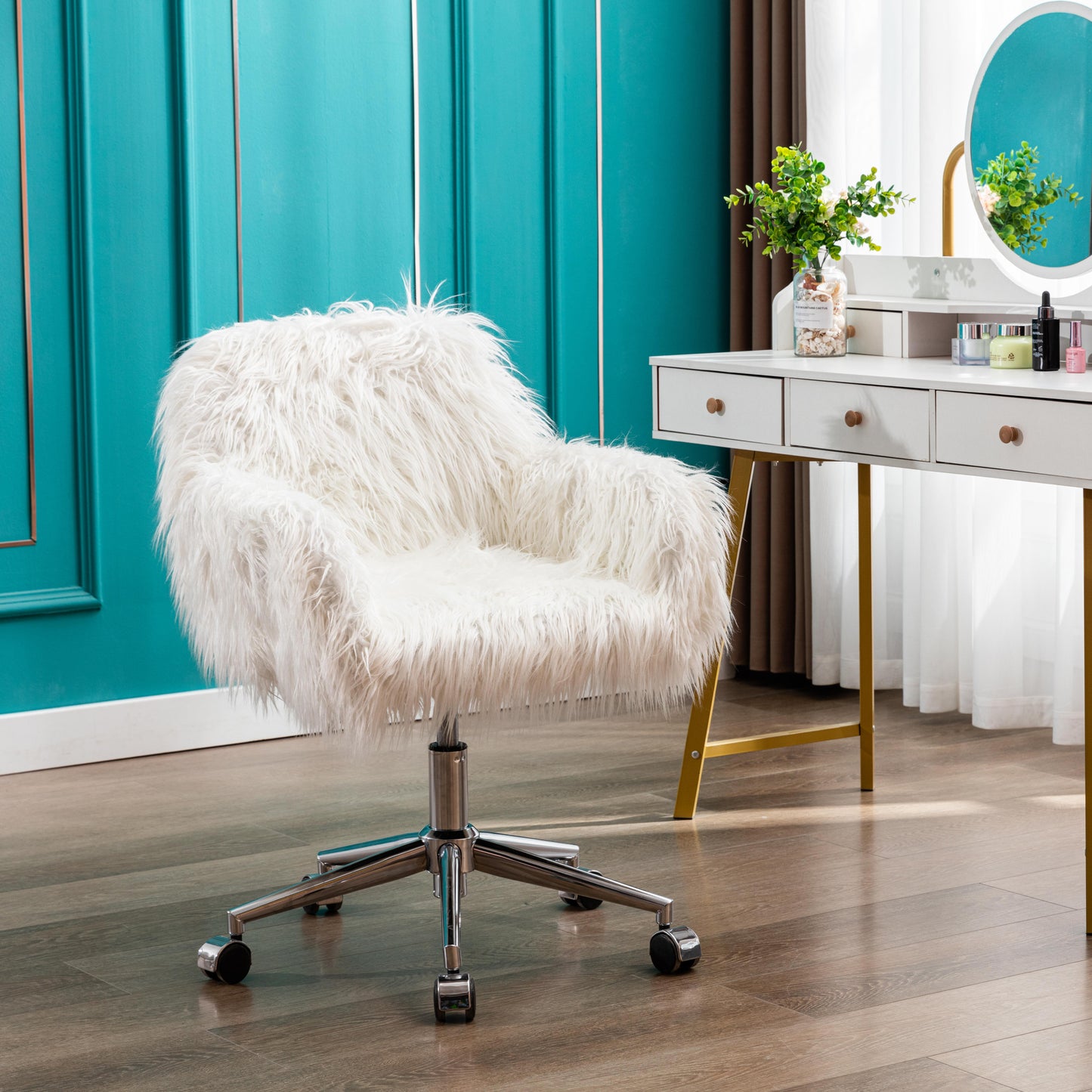 SYNGAR Cute Pink Fluffy Desk Chair for Teen Girl Kids, Home Office Computer Desk Chairs with Wheels, Comfy Faux Fur Swivel Rolling Task Chair Vanity Chair for Makeup Room, Bedroom, Living Room