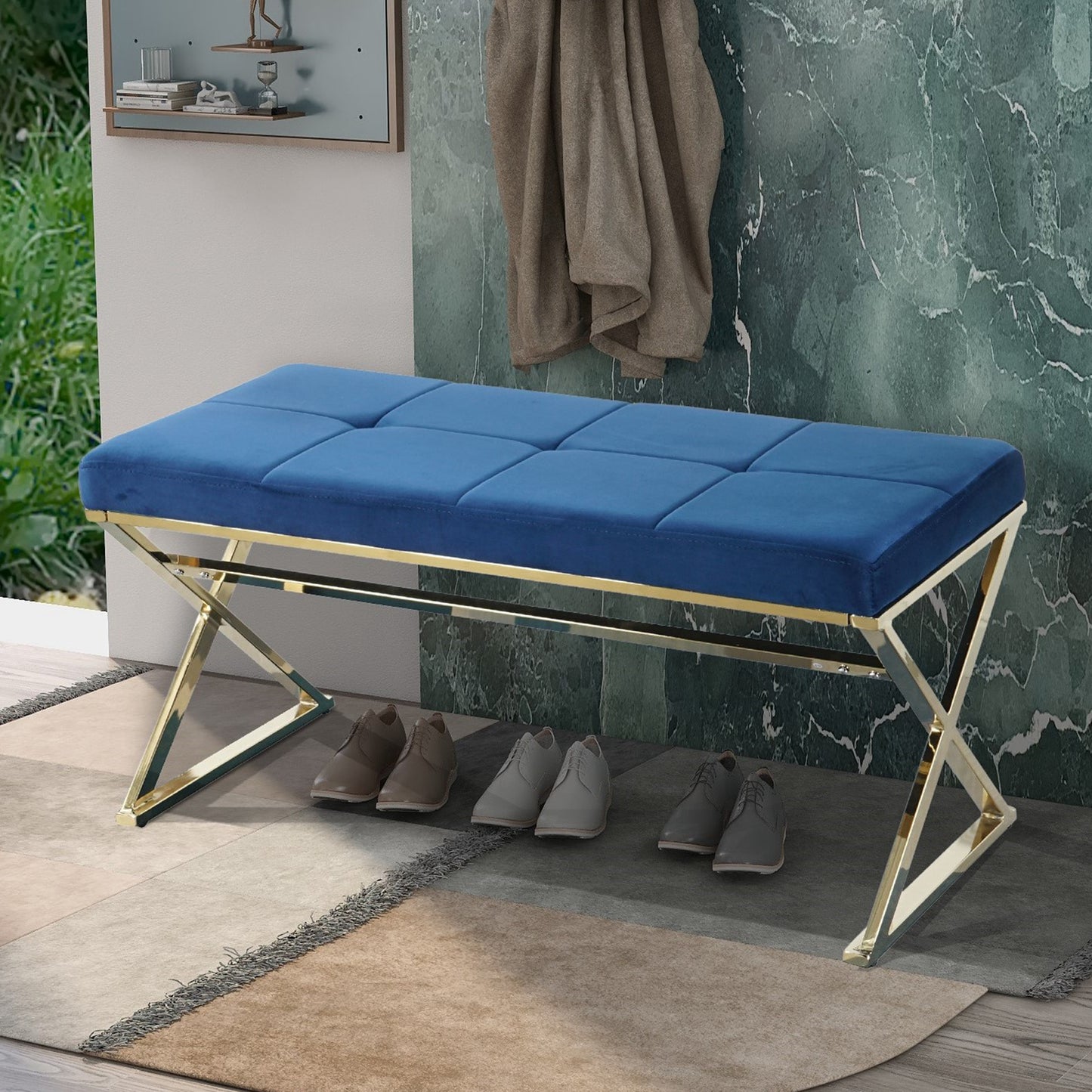 SYNGAR Upholstered Bedroom Bench, Modern Velvet Footstool Bench Seat for Living Room, Hallway, Entryway, Ottoman Bench with Gold Metal Legs, Blue
