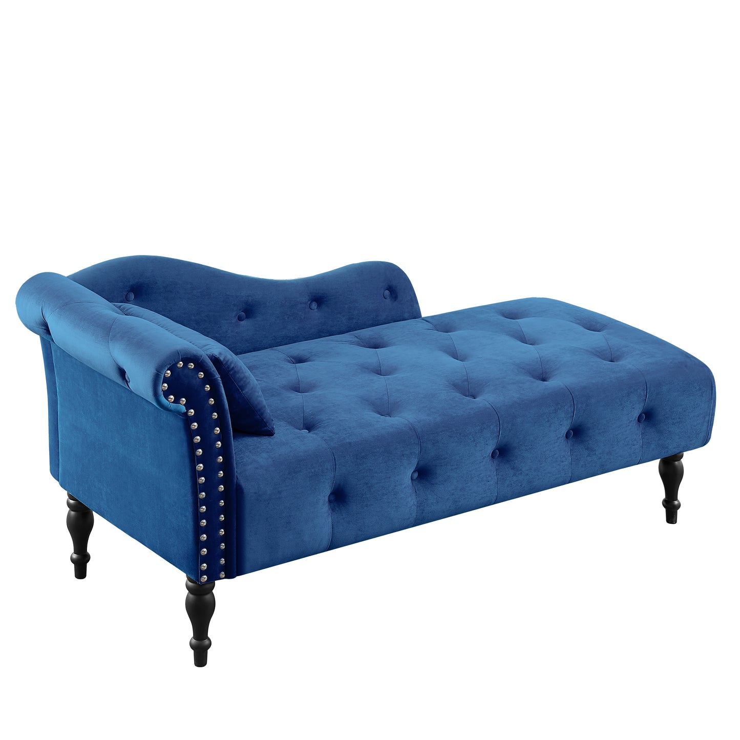 SYNGAR Tufted Upholstered Velvet Rolled Arm Chaise Lounges Indoor Chair, Right Arm Facing Chaise Lounge with Pillow, Nailhead Trim and Solid Wood Legs for Living Room Bedroom Office, Blue
