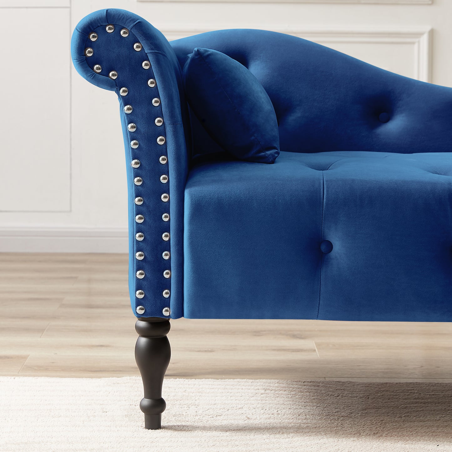 SYNGAR Tufted Upholstered Velvet Rolled Arm Chaise Lounges Indoor Chair, Right Arm Facing Chaise Lounge with Pillow, Nailhead Trim and Solid Wood Legs for Living Room Bedroom Office, Blue