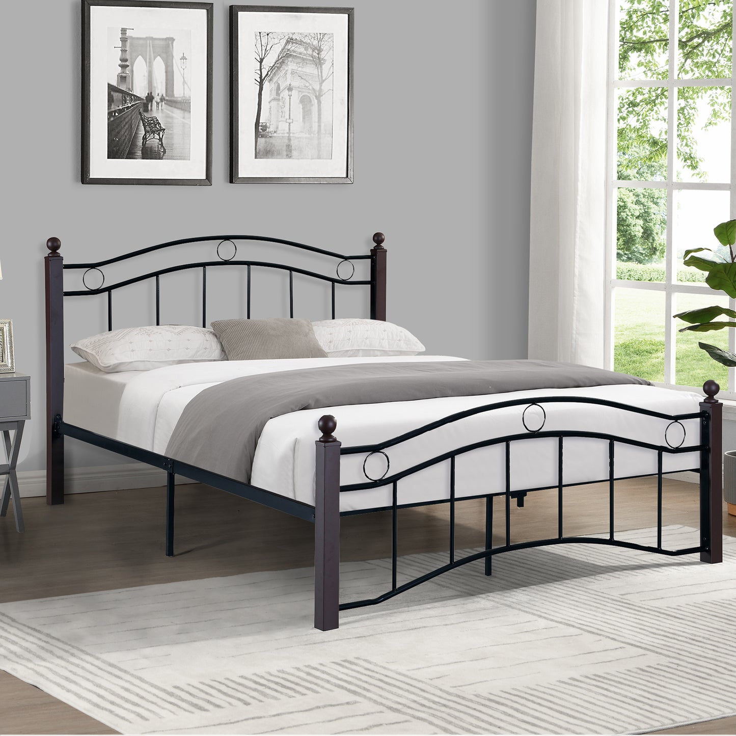 SYNGAR Black Full Size Bed Frame with Wooden Industrial Headboard and Footboard, Iron Platform Bed Frame Full Metal Bed Bedroom Furniture with 1100LBS Capacity, No Box Spring Needed, Noise Free