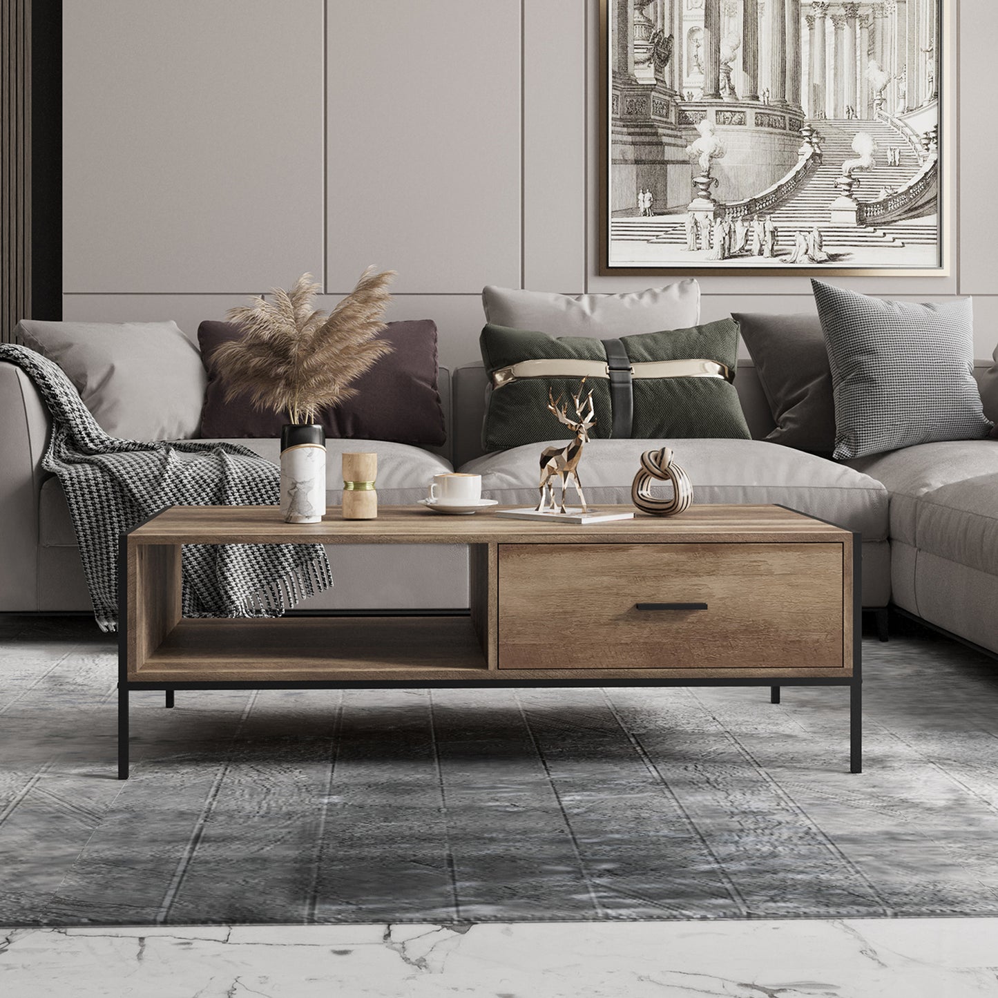 SYNGAR LED Coffee Table with 4 Storage Sliding Drawers and Open Shelves, Modern High Glossy Center Table Rectangular with Multiple Colors LED Lights for Living Room Bedroom, Easy Assembly, White