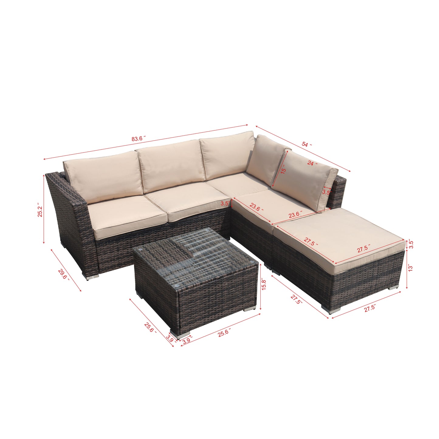 SYNGAR 4 Piece Outdoor Patio Furniture Set, PE Wicker Conversation Set, All Weather Rattan Sofa Set with Tempered Glass Table and Cushion, Sectional Sofa Set for Backyard Garden Poolside