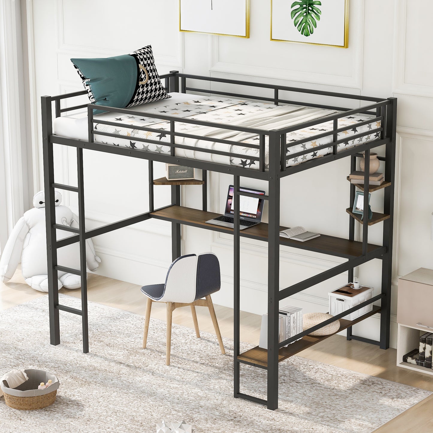 SYNGAR Twin Loft Bed with Desk, Metal Loft Bed with 4 Storage Shelves, Space-Saving Bed Frame with Bilateral Ladders and Safety Guard Rails for Boys Girls Kids Teens Adults, Black