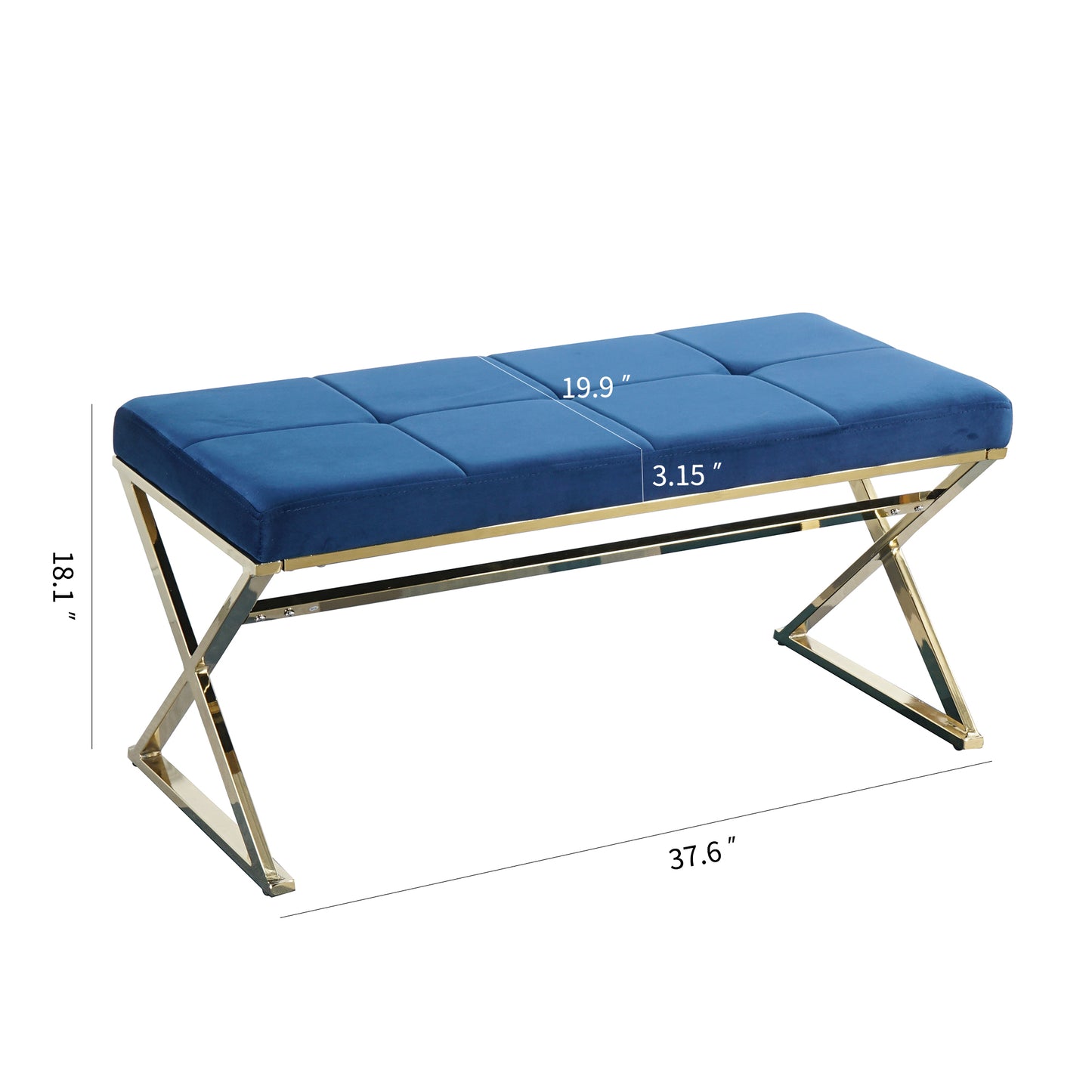 SYNGAR Upholstered Bedroom Bench, Modern Velvet Footstool Bench Seat for Living Room, Hallway, Entryway, Ottoman Bench with Gold Metal Legs, Blue