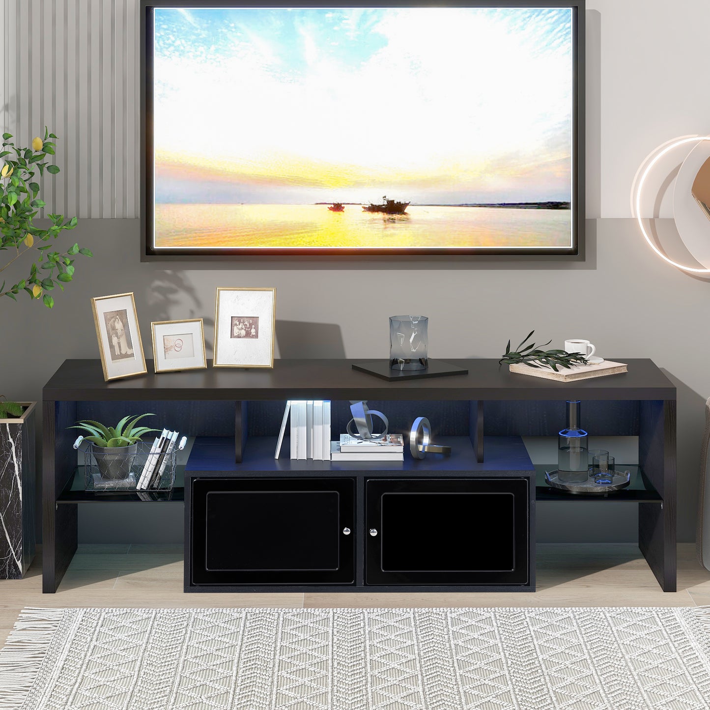 SYNGAR White TV Stand for 65 inch TV, Modern High Glossy TV Console Table Stand with 16 Colors LED Lights, Living Room TV Table Stand Buffet Cabinet with Storage, 58"L×14" W×21"H