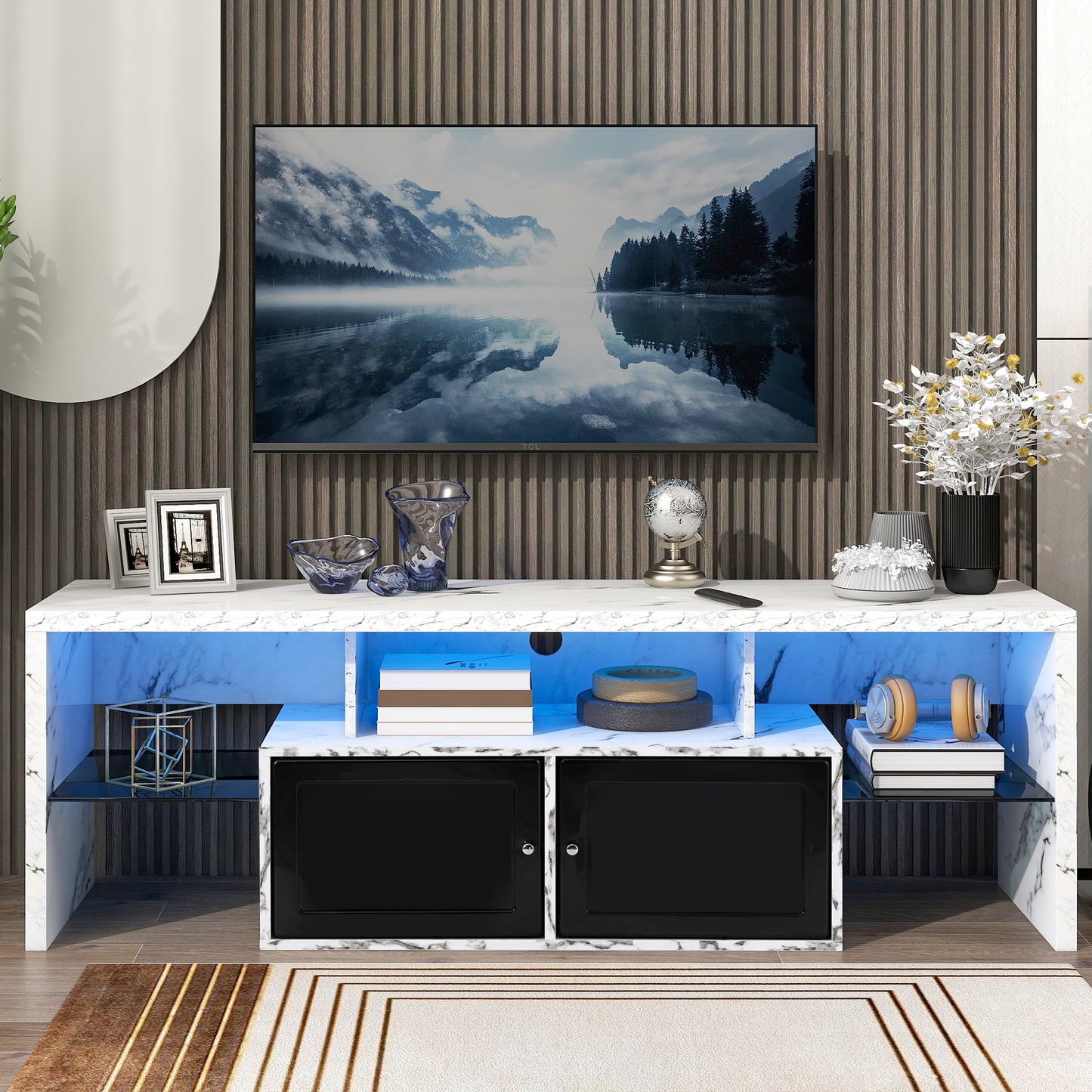 SYNGAR White TV Stand for 65 inch TV, Modern High Glossy TV Console Table Stand with 16 Colors LED Lights, Living Room TV Table Stand Buffet Cabinet with Storage, 58"L×14" W×21"H
