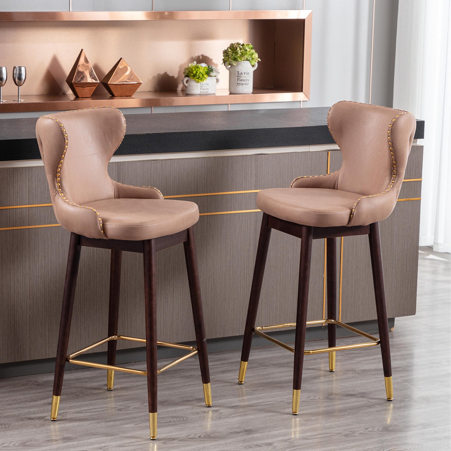 SYNGAR Modern Bar Chairs Set of 2, Contemporary Fabric Faux Leather Bar Stools Tool, Counter Stools with Tufted Nailheads and Wood Legs, High End Style Bar Chairs, khaki
