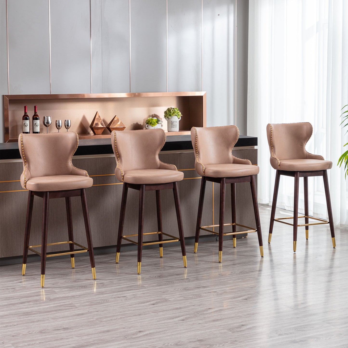 SYNGAR Modern Bar Chairs Set of 2, Contemporary Fabric Faux Leather Bar Stools Tool, Counter Stools with Tufted Nailheads and Wood Legs, High End Style Bar Chairs, khaki