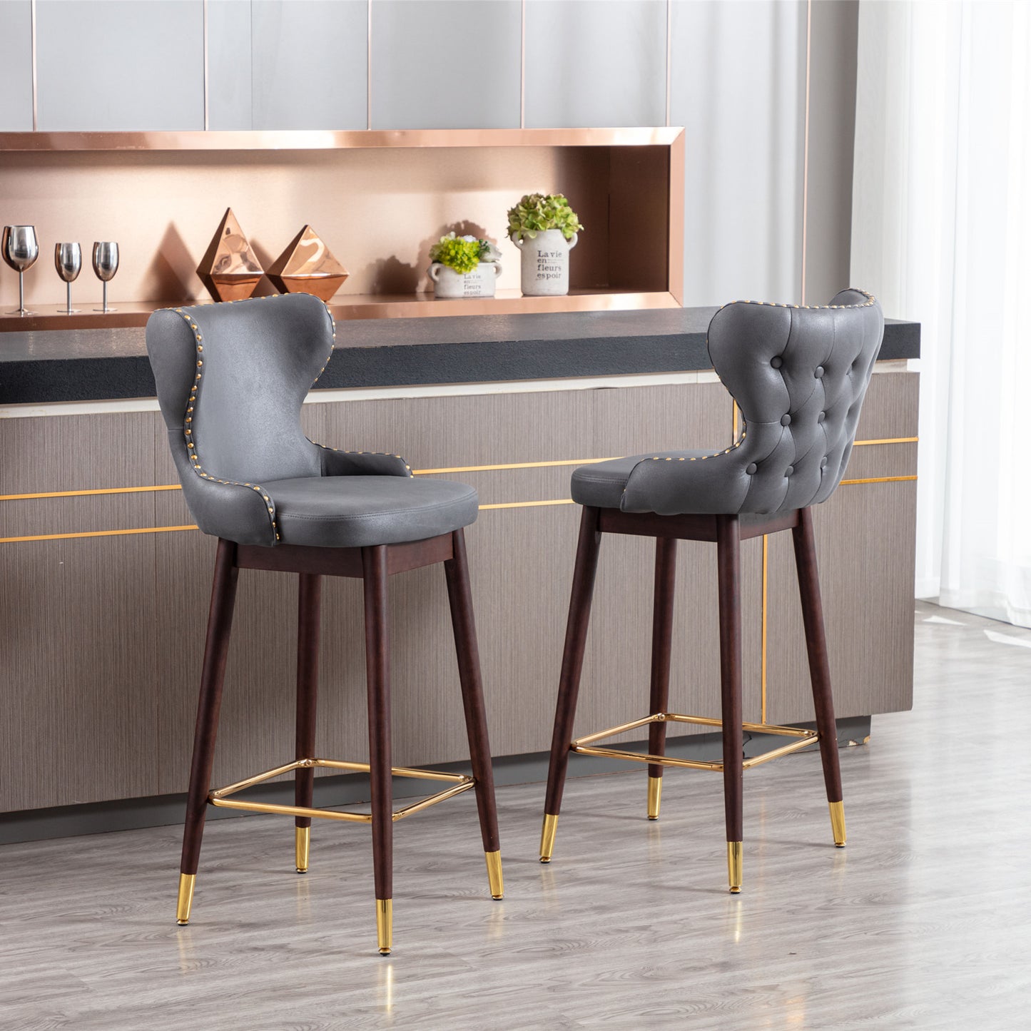 SYNGAR Modern Bar Chairs Set of 2, Contemporary Fabric Faux Leather Bar Stools Tool, Counter Stools with Tufted Nailheads and Wood Legs, High End Style Bar Chairs, khaki