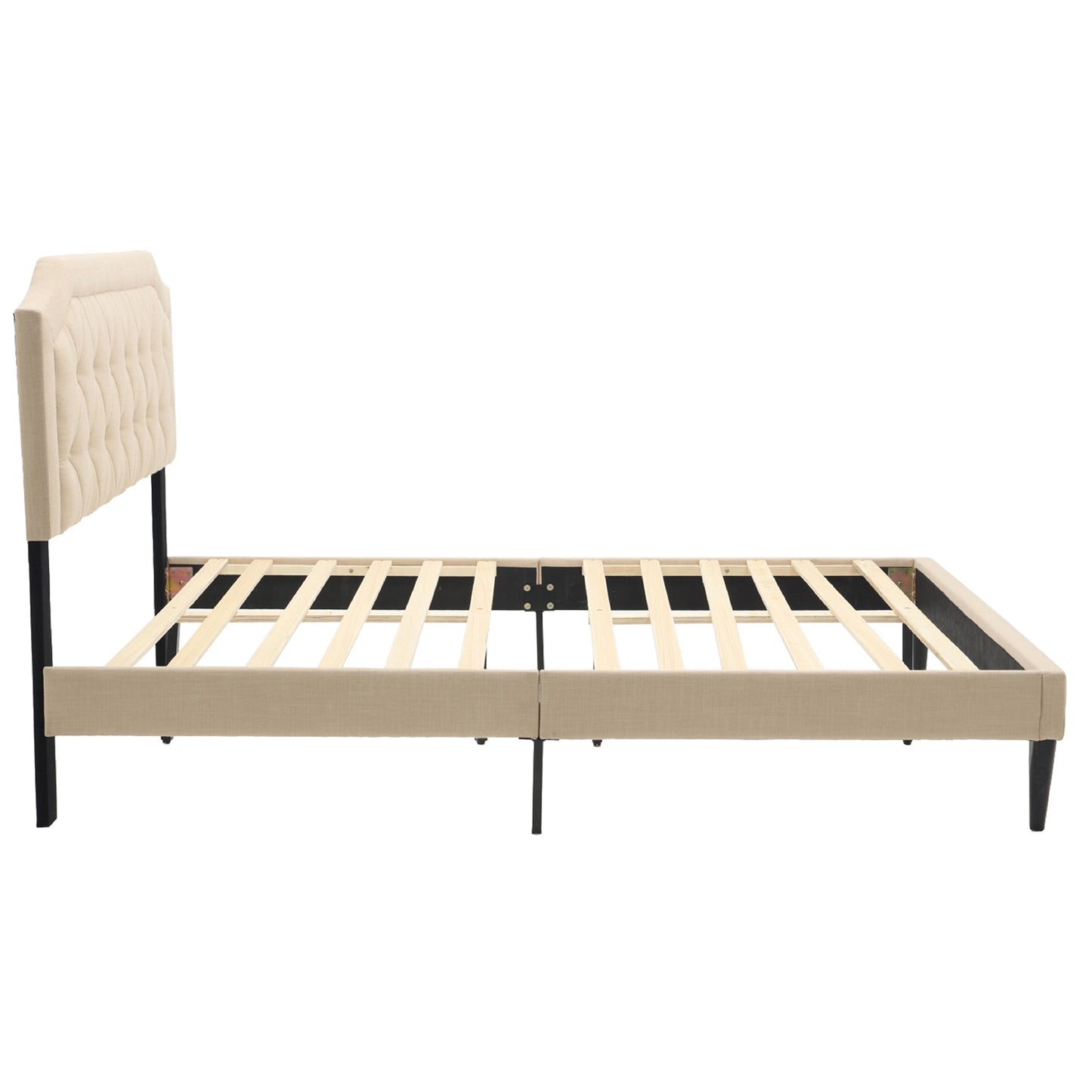 SYNGAR Queen Size Platform Bed Frame with Linen Fabric Upholstered Headboard, Button Tufted, Sturdy Frame and Strong Wooden Slats, No Box Spring Needed, Beige