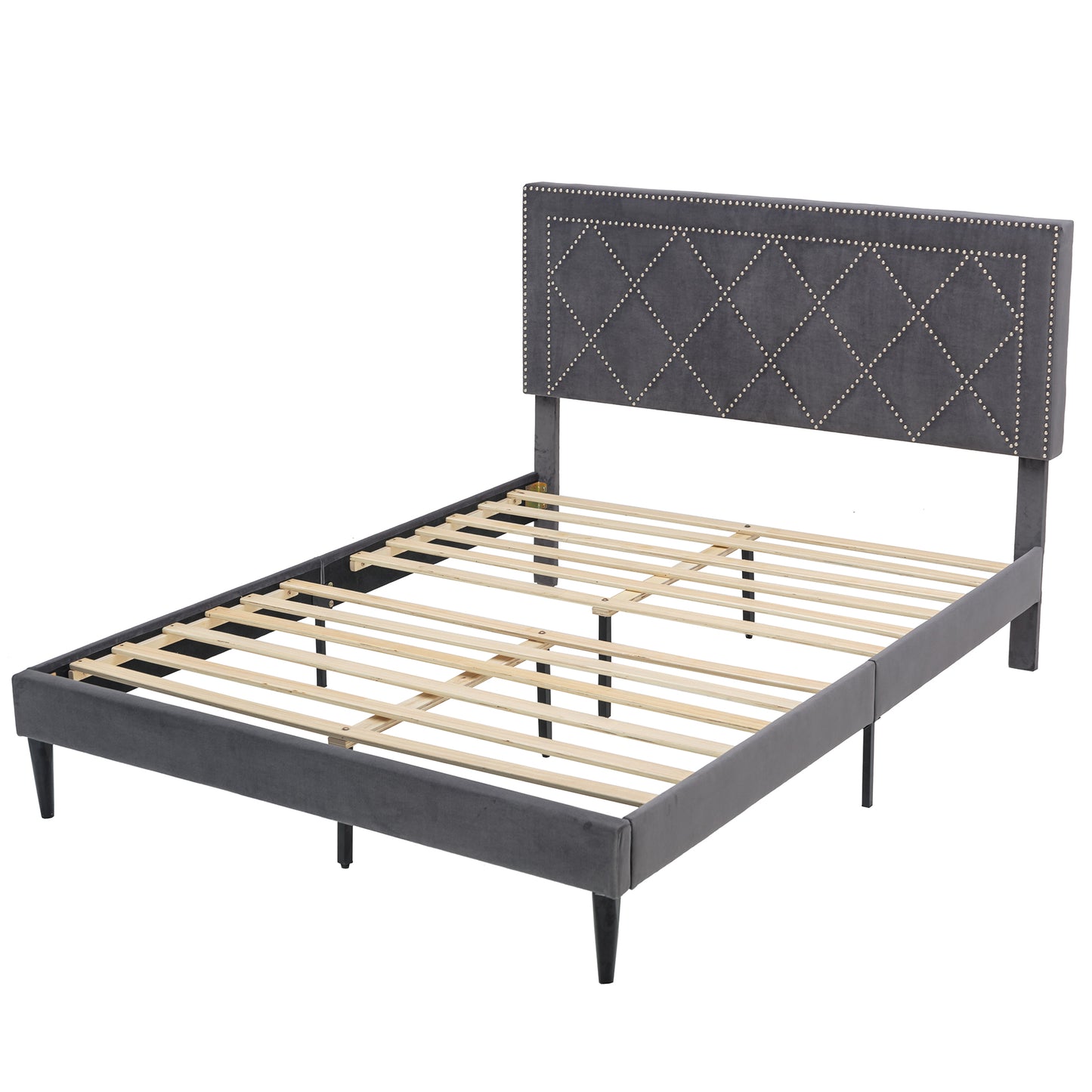 SYNGAR Queen Fabric Upholstered Bed Frame with Nailhead Trim Headboard, Platform Bed Frame Queen Size Bedroom Furniture for Teens Adults, No Box Spring Needed, Gray