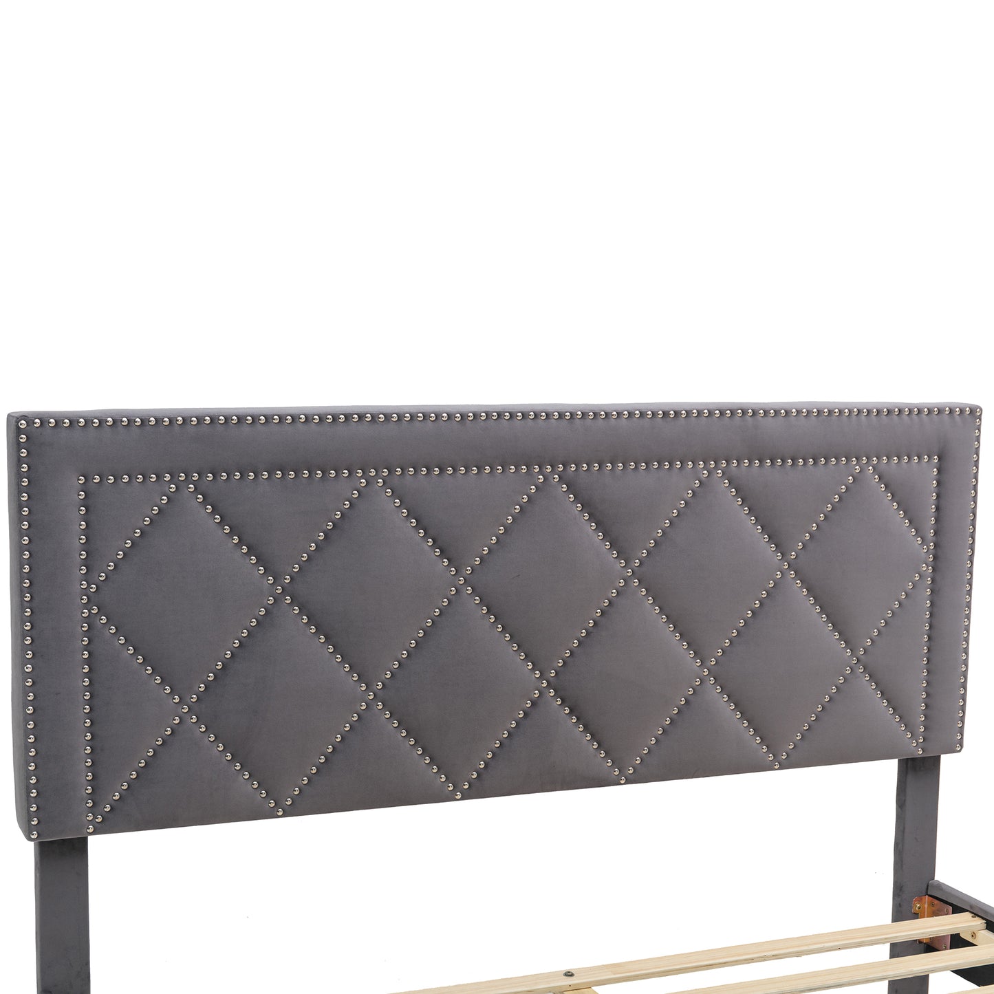 SYNGAR Queen Fabric Upholstered Bed Frame with Nailhead Trim Headboard, Platform Bed Frame Queen Size Bedroom Furniture for Teens Adults, No Box Spring Needed, Gray