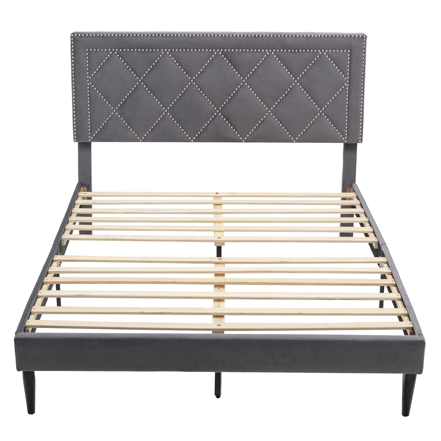 SYNGAR Queen Fabric Upholstered Bed Frame with Nailhead Trim Headboard, Platform Bed Frame Queen Size Bedroom Furniture for Teens Adults, No Box Spring Needed, Gray