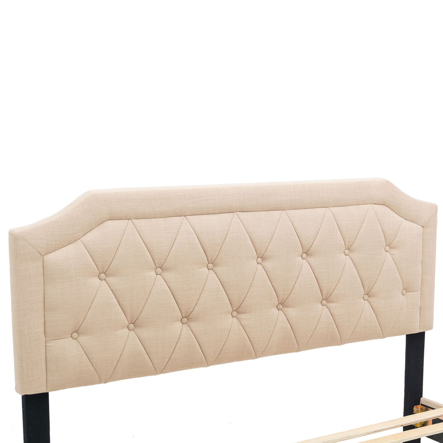 SYNGAR Queen Size Platform Bed Frame with Linen Fabric Upholstered Headboard, Button Tufted, Sturdy Frame and Strong Wooden Slats, No Box Spring Needed, Beige