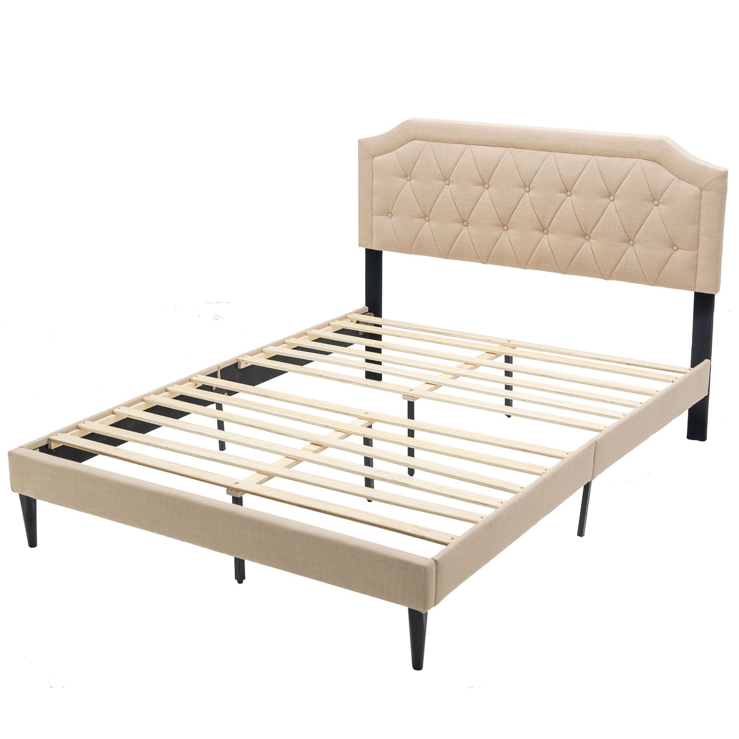SYNGAR Queen Size Platform Bed Frame with Linen Fabric Upholstered Headboard, Button Tufted, Sturdy Frame and Strong Wooden Slats, No Box Spring Needed, Beige