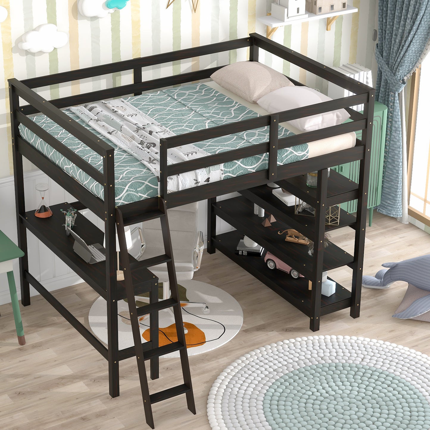 Loft Bed Full, Rubber Wood Loft Bed with Desk, Full Size Bunk Bed, Loft Bed Frame with Storage Shelves, Kids Bedroom Furniture Full Bed Frames for Adults Kids Teens, Gray