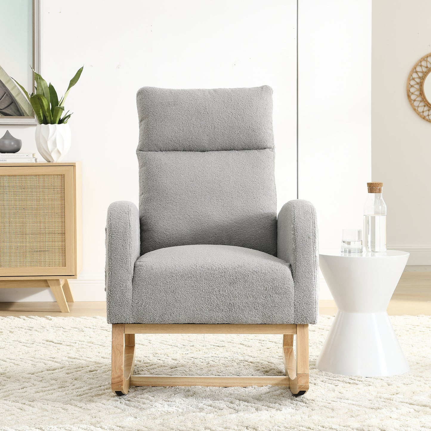 SYNGAR Rocking Chair, Upholstered Fabric Nursery Chair, Nursery Glider with High Back and 2 Side Pockets, Rocking Chairs with Wood Curved Base, Glider Chair for Nursery, Living Room, Home Office