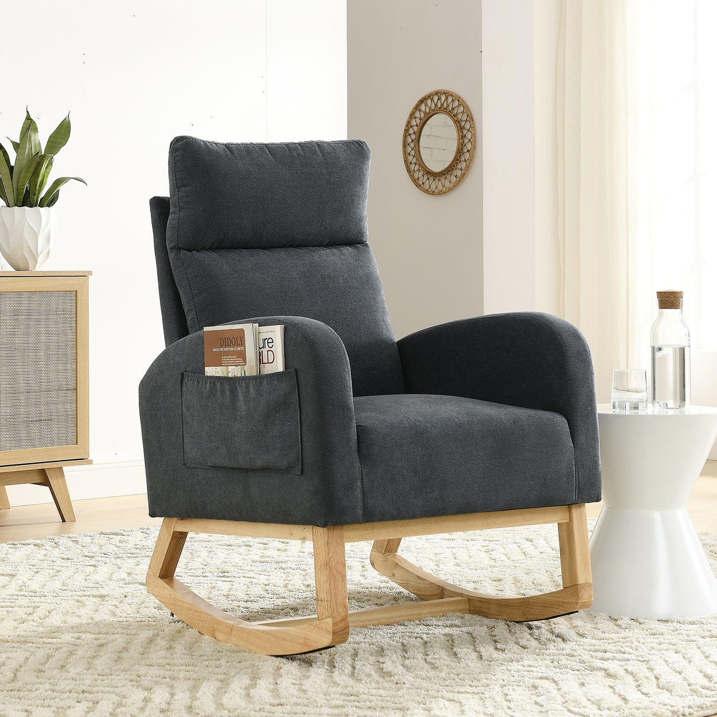 SYNGAR Rocking Chair, Upholstered Fabric Nursery Chair, Nursery Glider with High Back and 2 Side Pockets, Rocking Chairs with Wood Curved Base, Glider Chair for Nursery, Living Room, Home Office