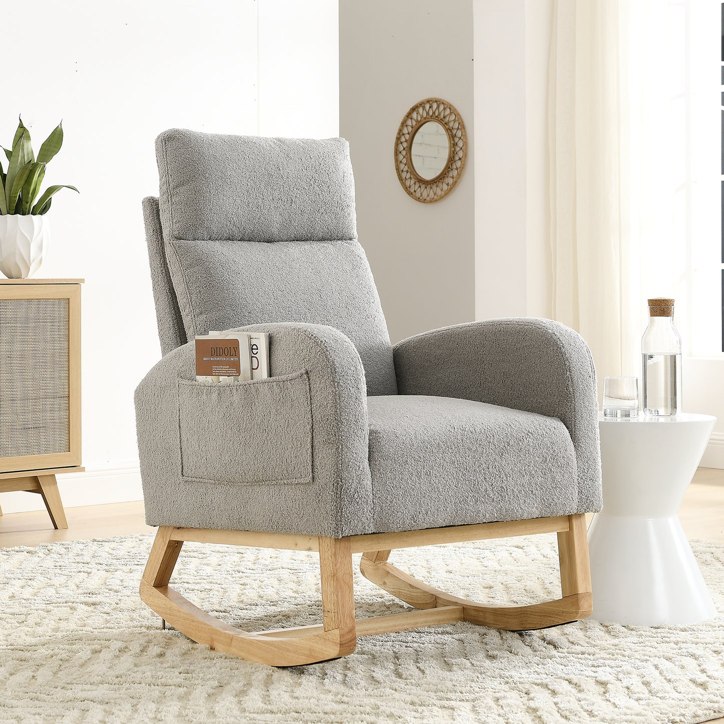 SYNGAR Rocking Chair, Upholstered Fabric Nursery Chair, Nursery Glider with High Back and 2 Side Pockets, Rocking Chairs with Wood Curved Base, Glider Chair for Nursery, Living Room, Home Office