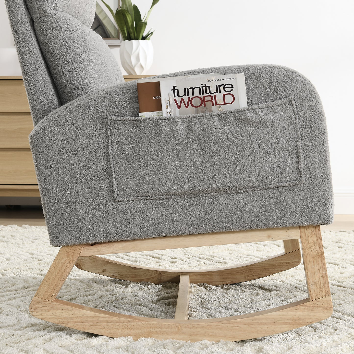 SYNGAR Rocking Chair, Upholstered Fabric Nursery Chair, Nursery Glider with High Back and 2 Side Pockets, Rocking Chairs with Wood Curved Base, Glider Chair for Nursery, Living Room, Home Office