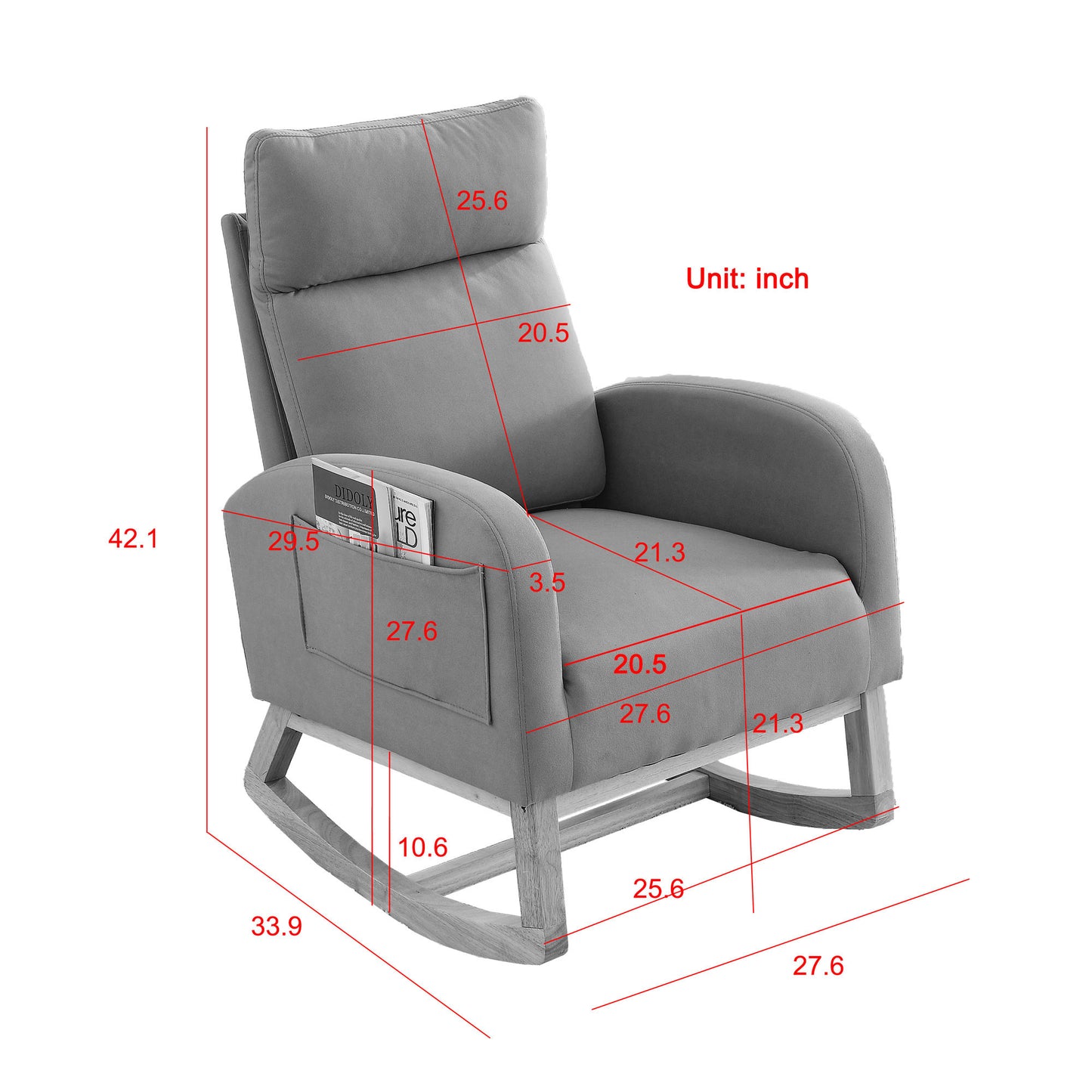 SYNGAR Rocking Chair, Upholstered Fabric Nursery Chair, Nursery Glider with High Back and 2 Side Pockets, Rocking Chairs with Wood Curved Base, Glider Chair for Nursery, Living Room, Home Office