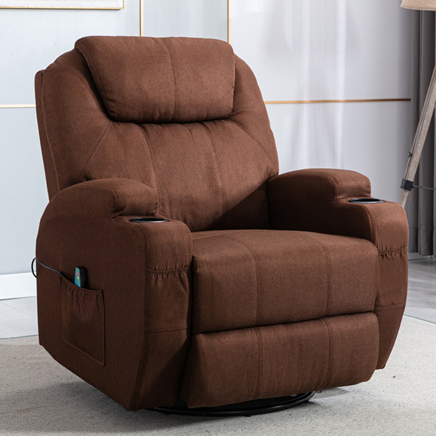 SYNGAR Manual Recliner Chair with Heat Therapy and Massage Function, Heavy Duty Reclining Mechanism Massage Chair, Elderly Single Rocker Sofa with Cup Holders for Bedroom Home Theater, Brown