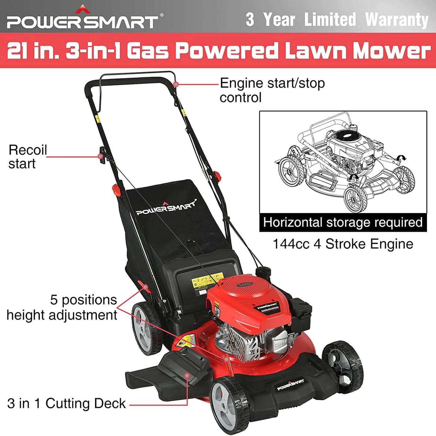 SYNGAR Push Lawn Mower Gas Powered 21 Inch 144CC 4-Stroke Engine 3-in-1 with Bag, 5 Adjustable Heights