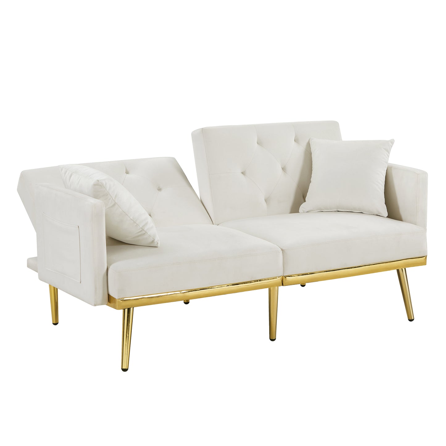 SYNGAR Couches for Living Room, Velvet Upholstered Convertible Sofa Bed with Armrests, Adjustable Backrest, Mid Century Futon Sofa and Couch for Home Apartment Dorm Living Room, Beige