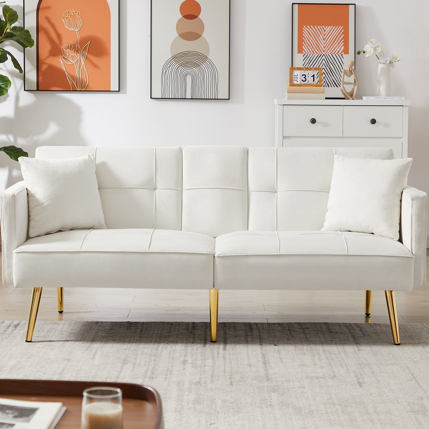 SYNGAR Couches for Living Room, Velvet Upholstered Convertible Sofa Bed with Armrests, Metal Legs, Adjustable Backrest, Mid Century Futon Sofa and Couch for Home Apartment Living Room, Pink