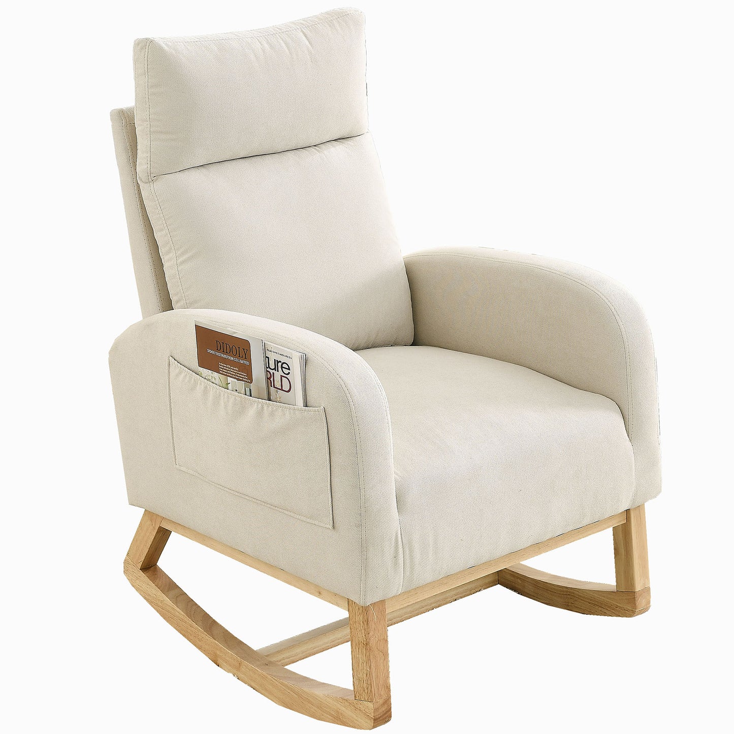 SYNGAR Rocking Chair, Upholstered Fabric Nursery Chair, Nursery Glider with High Back and 2 Side Pockets, Rocking Chairs with Wood Curved Base, Glider Chair for Nursery, Living Room, Home Office