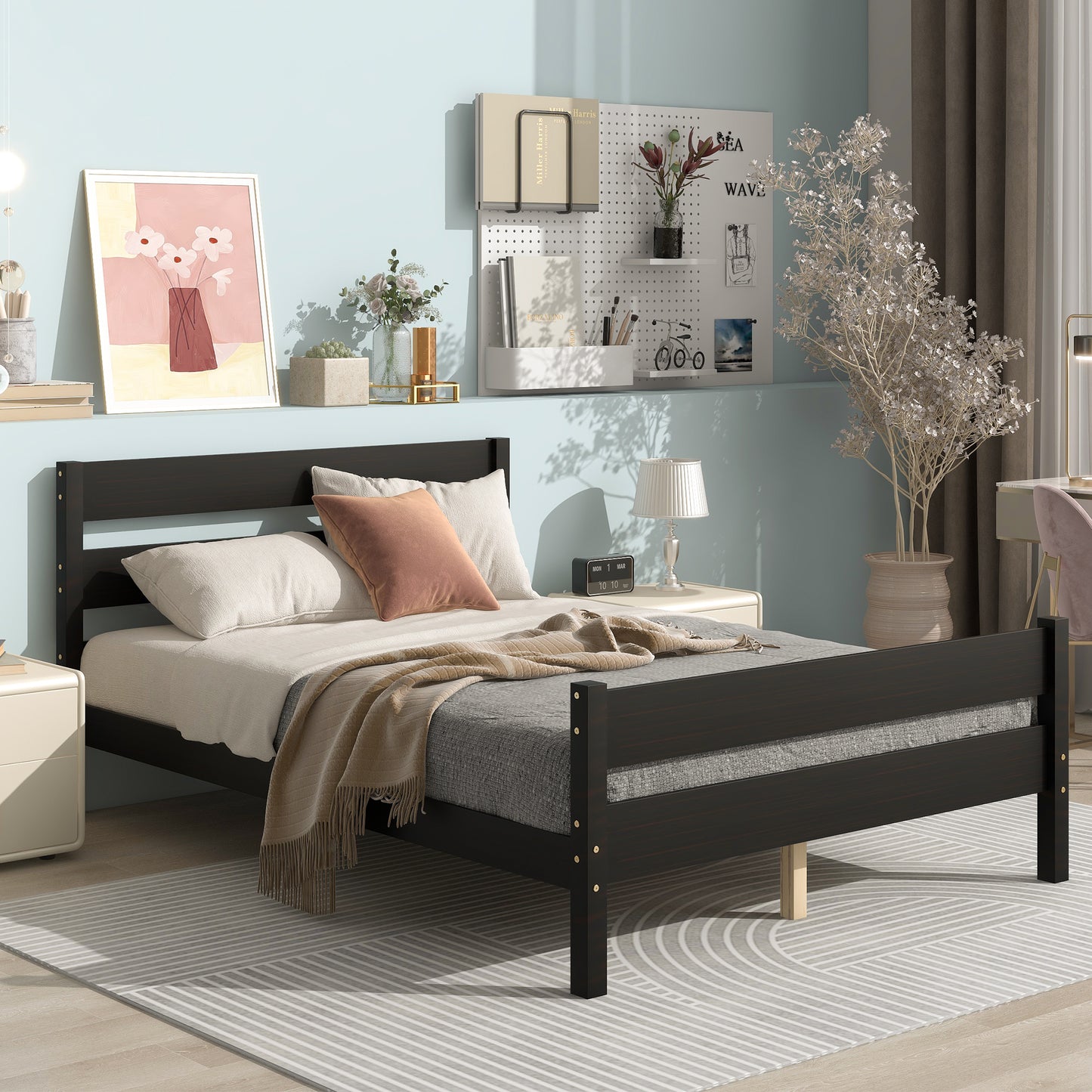SYNGAR White Wood Platform Bed Frame Twin Size with Headboard and Footboard, Underbed Storage, Strong Slat Support, No Box Spring Needed, Twin Bed Frame for Kids Teens Adults