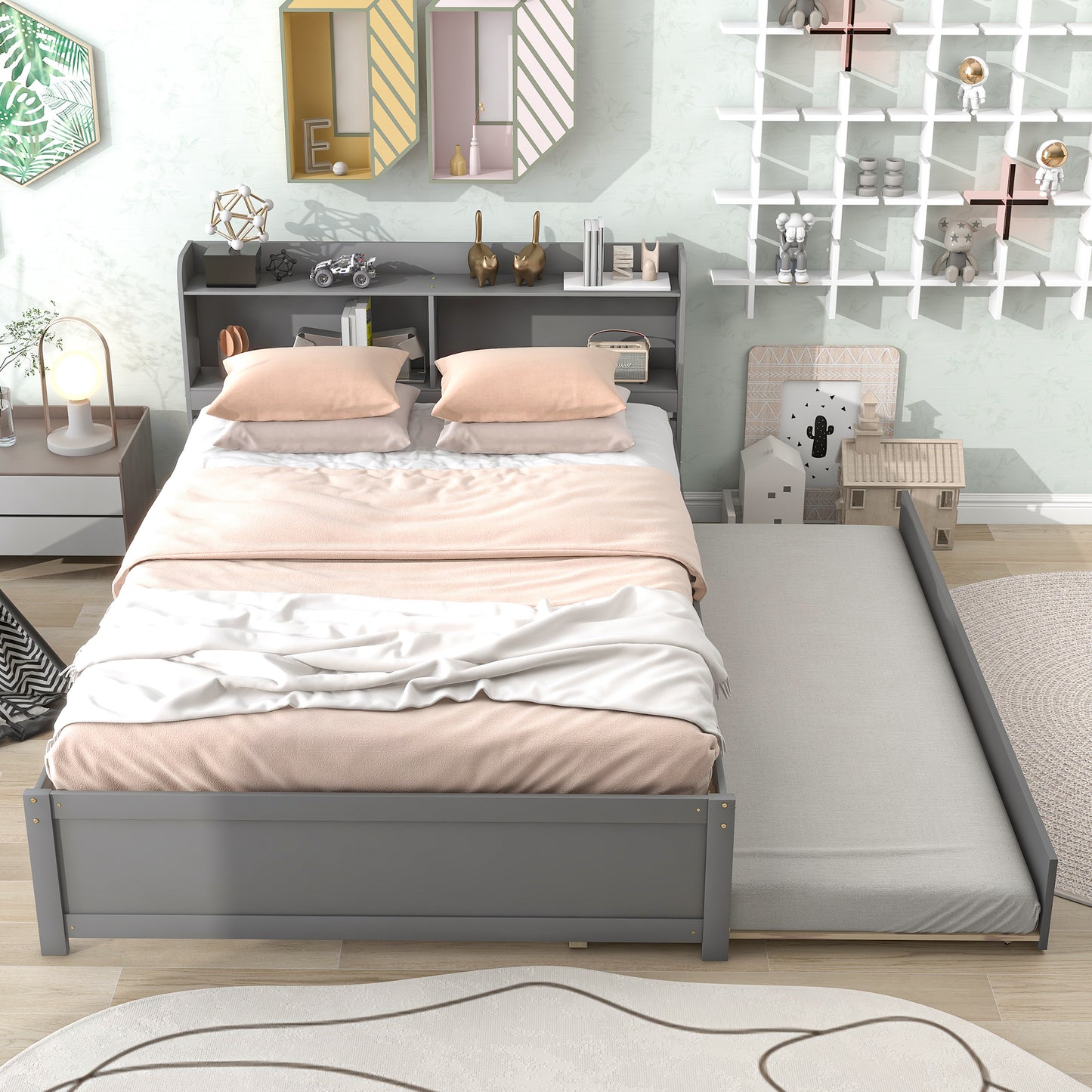 SYNGAR Twin Bed Frame with Trundle and Storage Bookcase, Modern Kids Platform Bed Frame with Pull Out Trundle, Solid Wood Trundle Bed with Headboard and Footboard, No Box Spring Needed, White