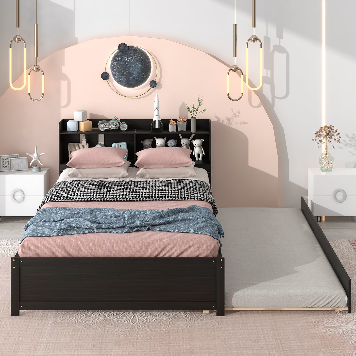 SYNGAR Twin Bed Frame with Trundle and Storage Bookcase, Modern Kids Platform Bed Frame with Pull Out Trundle, Solid Wood Trundle Bed with Headboard and Footboard, No Box Spring Needed, White