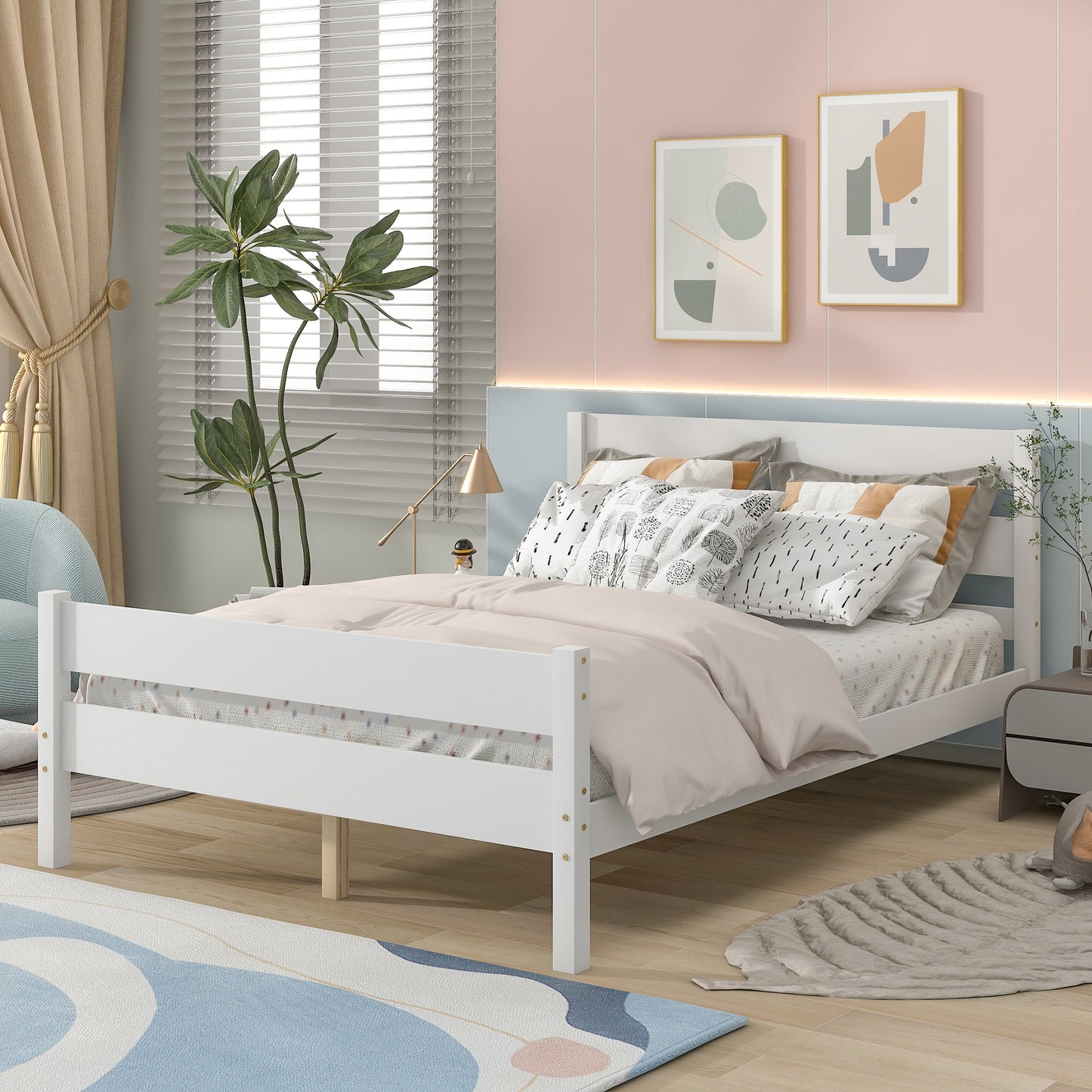 SYNGAR White Wood Platform Bed Frame Twin Size with Headboard and Footboard, Underbed Storage, Strong Slat Support, No Box Spring Needed, Twin Bed Frame for Kids Teens Adults