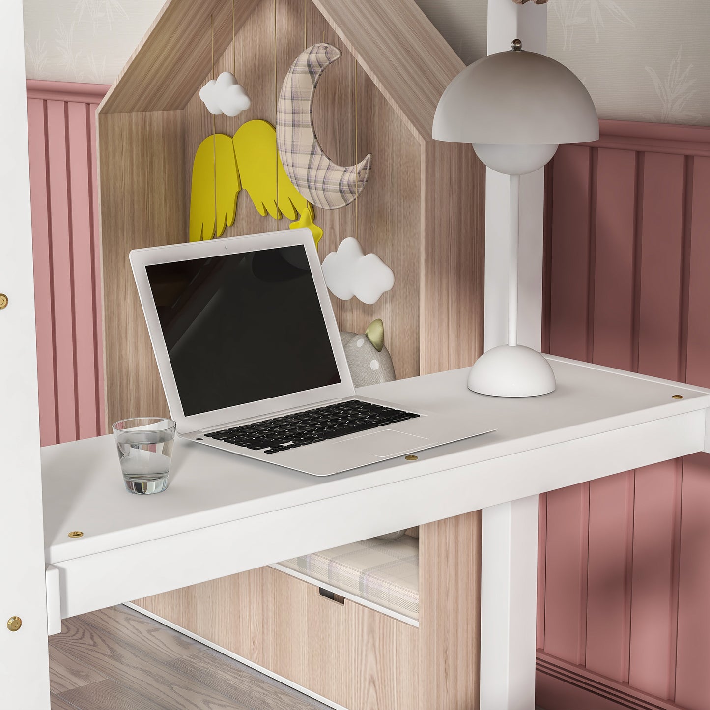 Wooden Twin Loft Bed with Desk, Twin Size Bunk Bed with Workstation Desk, Safety Rail, Wider Ladder for Kids Teens Adults, Space Saving Design, No Spring Box needed, White