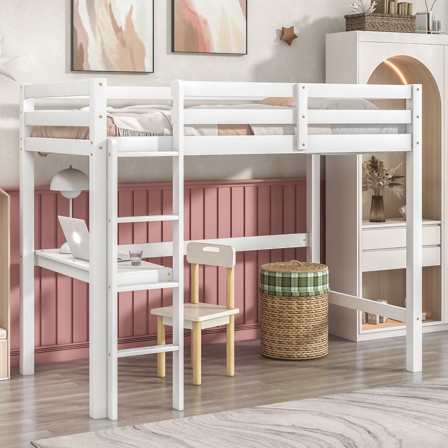 Wooden Twin Loft Bed with Desk, Twin Size Bunk Bed with Workstation Desk, Safety Rail, Wider Ladder for Kids Teens Adults, Space Saving Design, No Spring Box needed, White