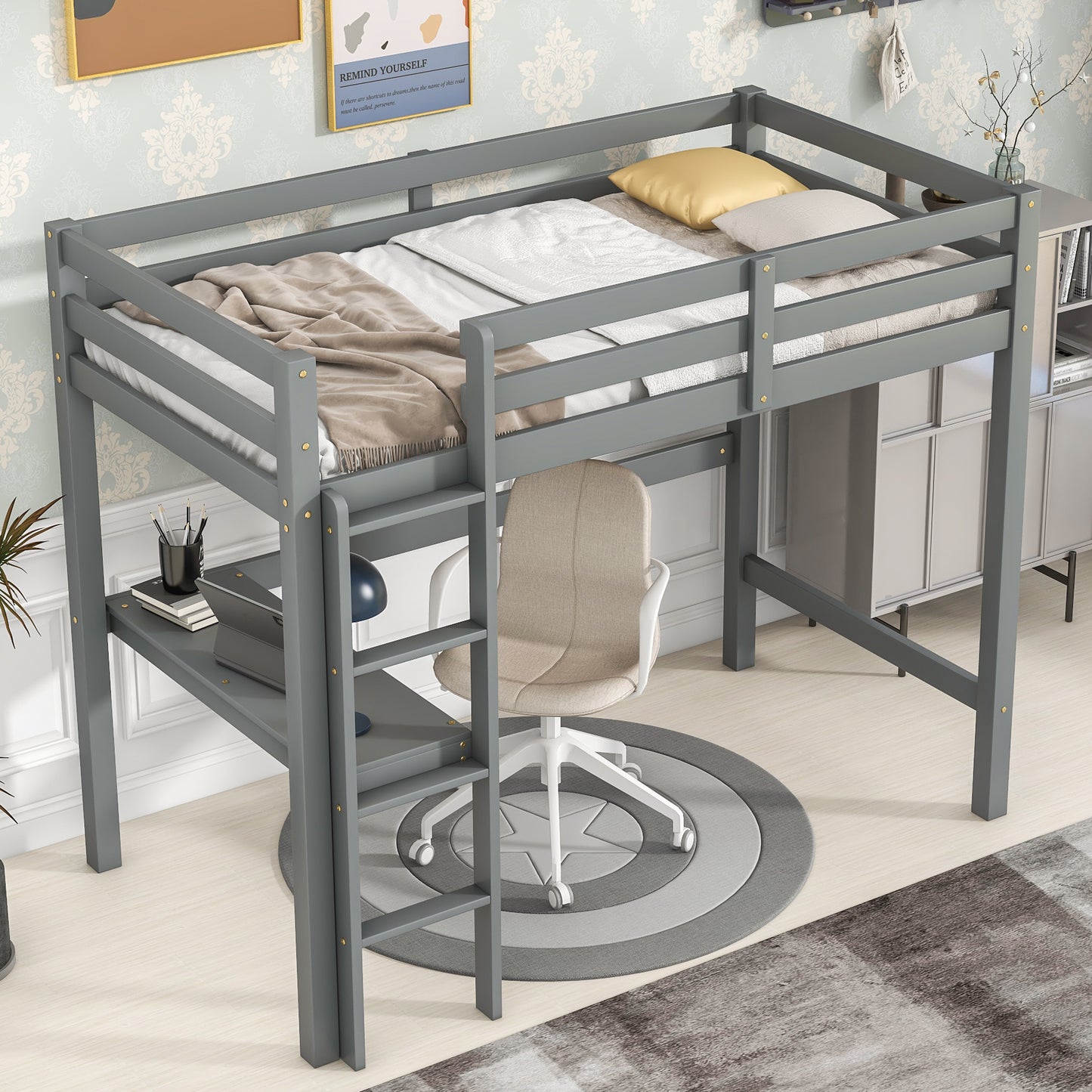 Wooden Twin Loft Bed with Desk, Twin Size Bunk Bed with Workstation Desk, Safety Rail, Wider Ladder for Kids Teens Adults, Space Saving Design, No Spring Box needed, White