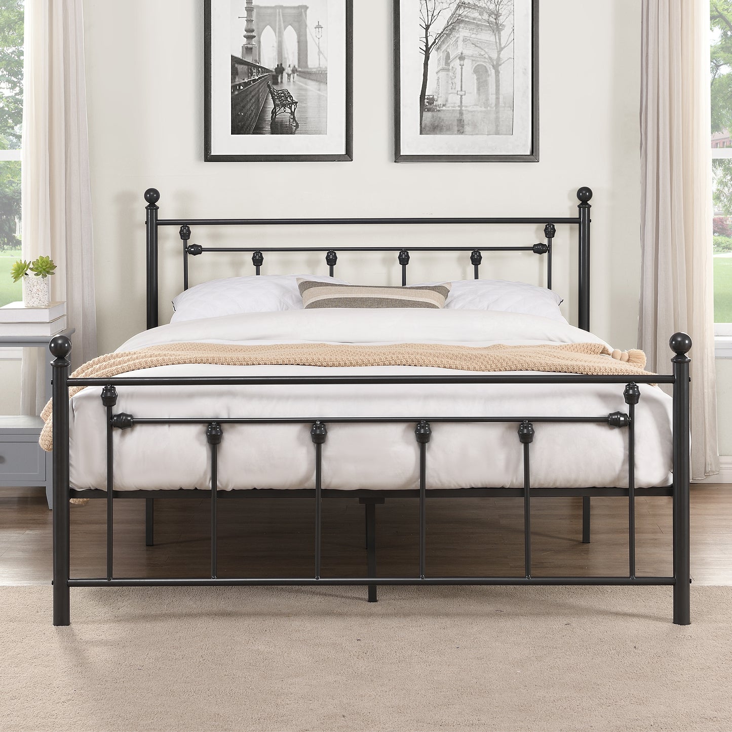 SYNGAR Black Full Size Bed Frame with Wooden Industrial Headboard and Footboard, Iron Platform Bed Frame Full Metal Bed Bedroom Furniture with 1100LBS Capacity, No Box Spring Needed, Noise Free