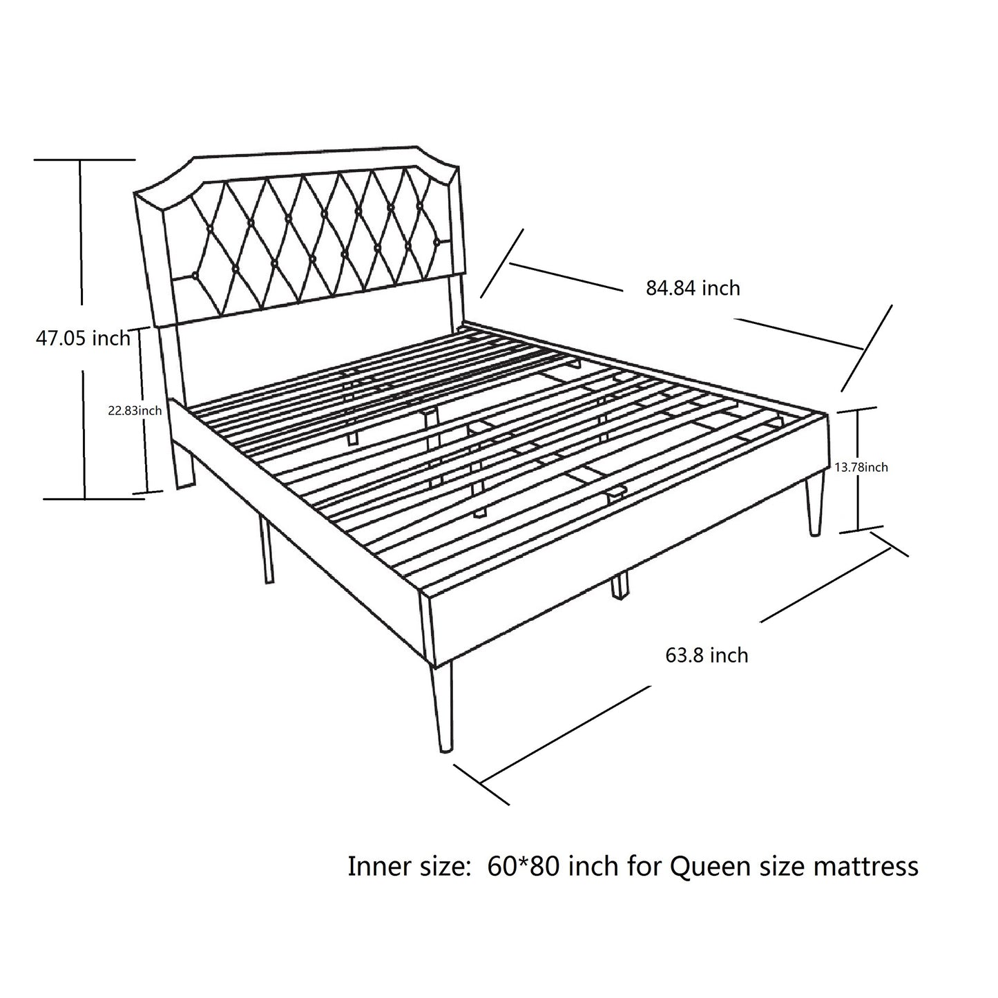 SYNGAR Queen Platform Bed Frame with Upholstered Linen Fabric Square Stitched Headboard, Metal Frame Mattress Foundation with Wooden Slat Support, Beige