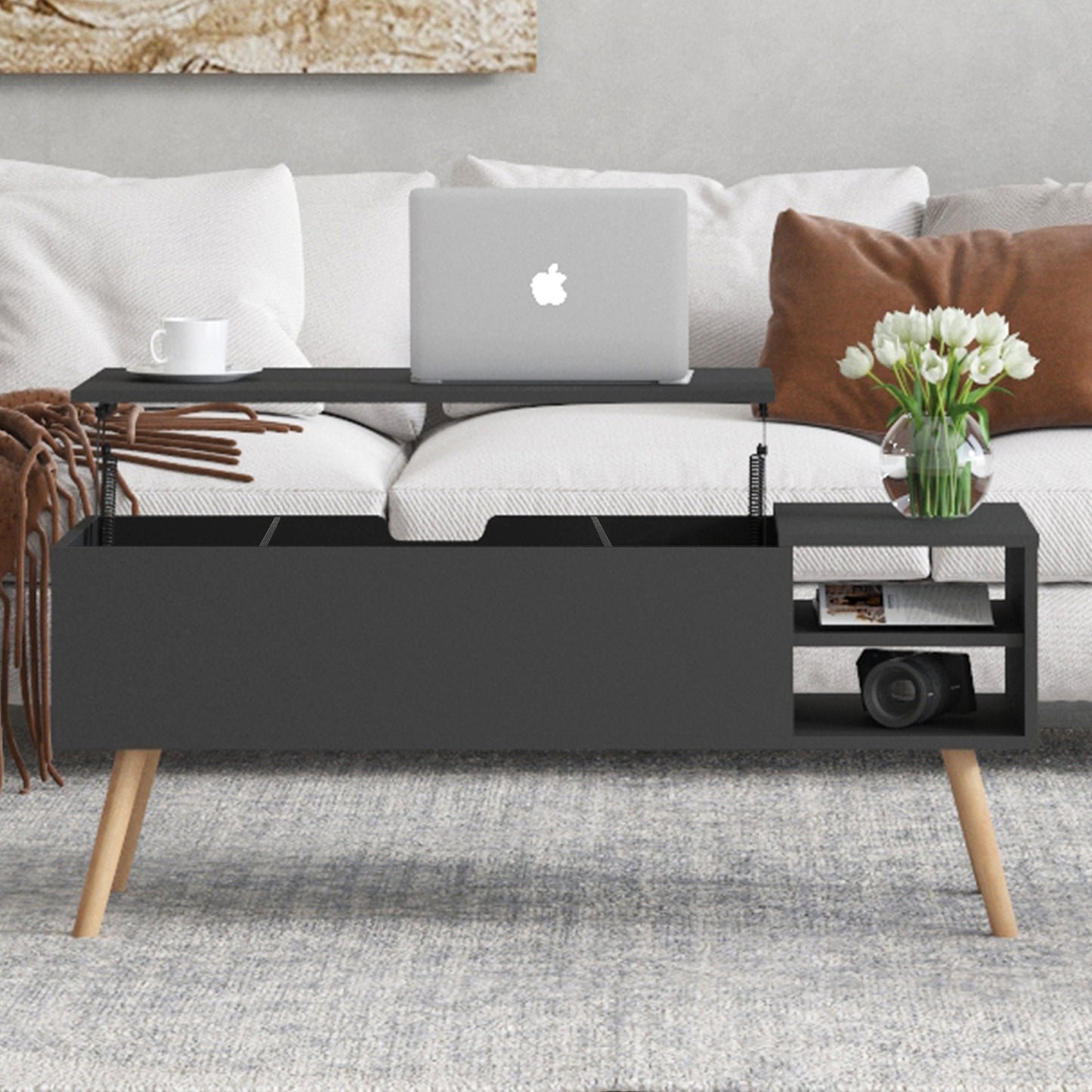 White Lift Top Coffee Tables for Living Room, Modern Coffee Table with Hidden Storage Compartment & Open Shelves, Dining Center Table Computer Desk Table for Office Reception Room