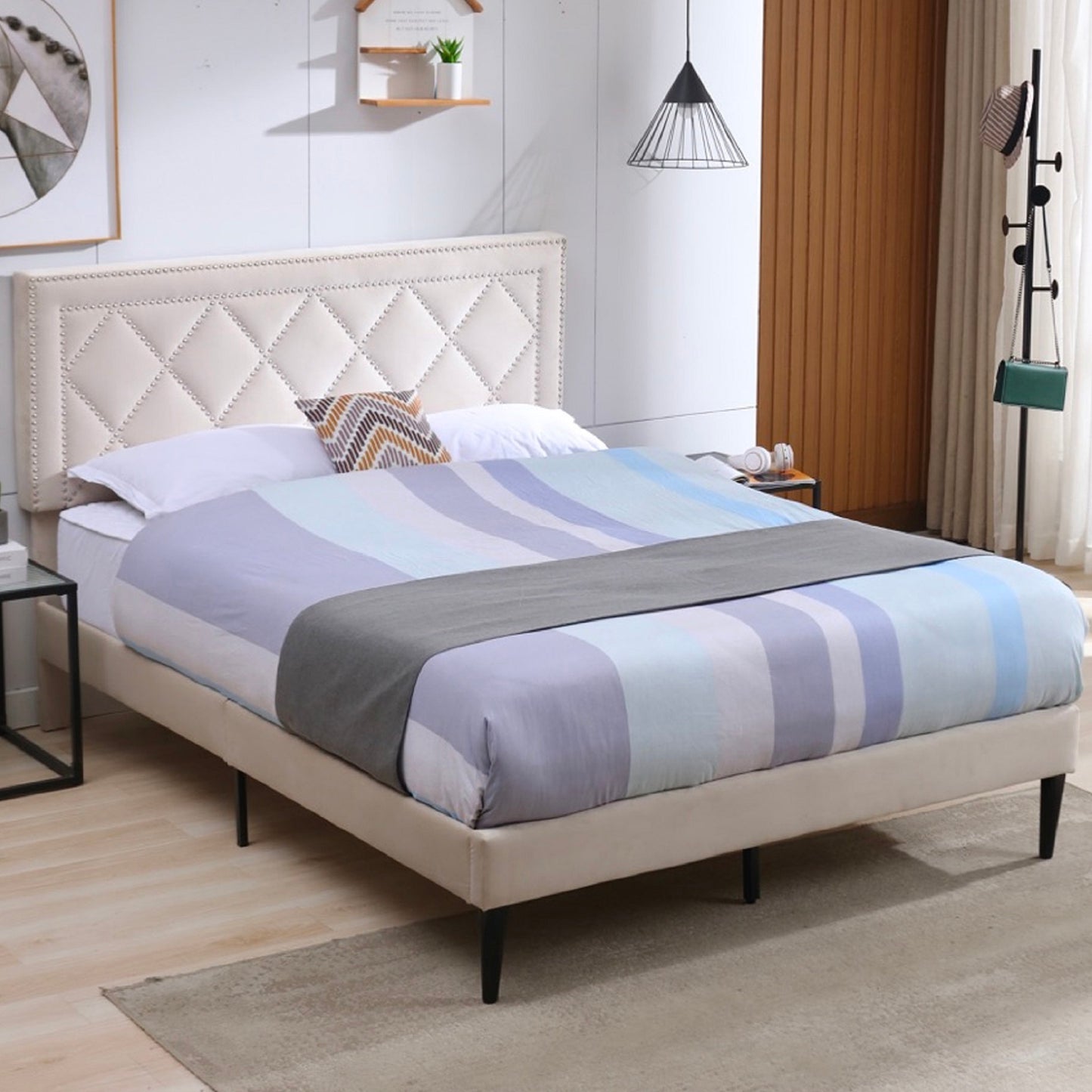 SYNGAR Upholstered Queen Bed Frame with Nailhead Trim Headboard, Fabric Platform Bed Frame Queen Size Bed Frame, Bedroom Furniture for Teens Adults, No Box Spring Needed, Gray