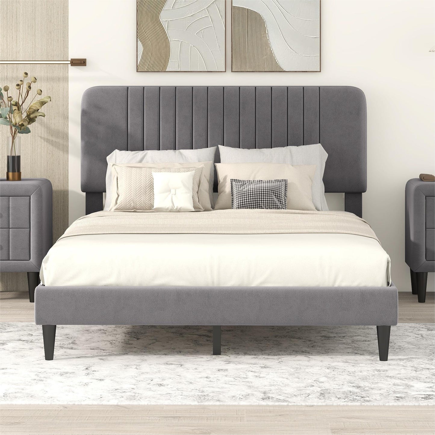 SYNGAR Full Bed Frame, New Upgrade Full Size Velvet Upholstered Platform Bed Frame with Tufted Headboard, Mattress Foundation Solid Wood Frame Platform Bed Frame, No Box Spring Needed, Grey
