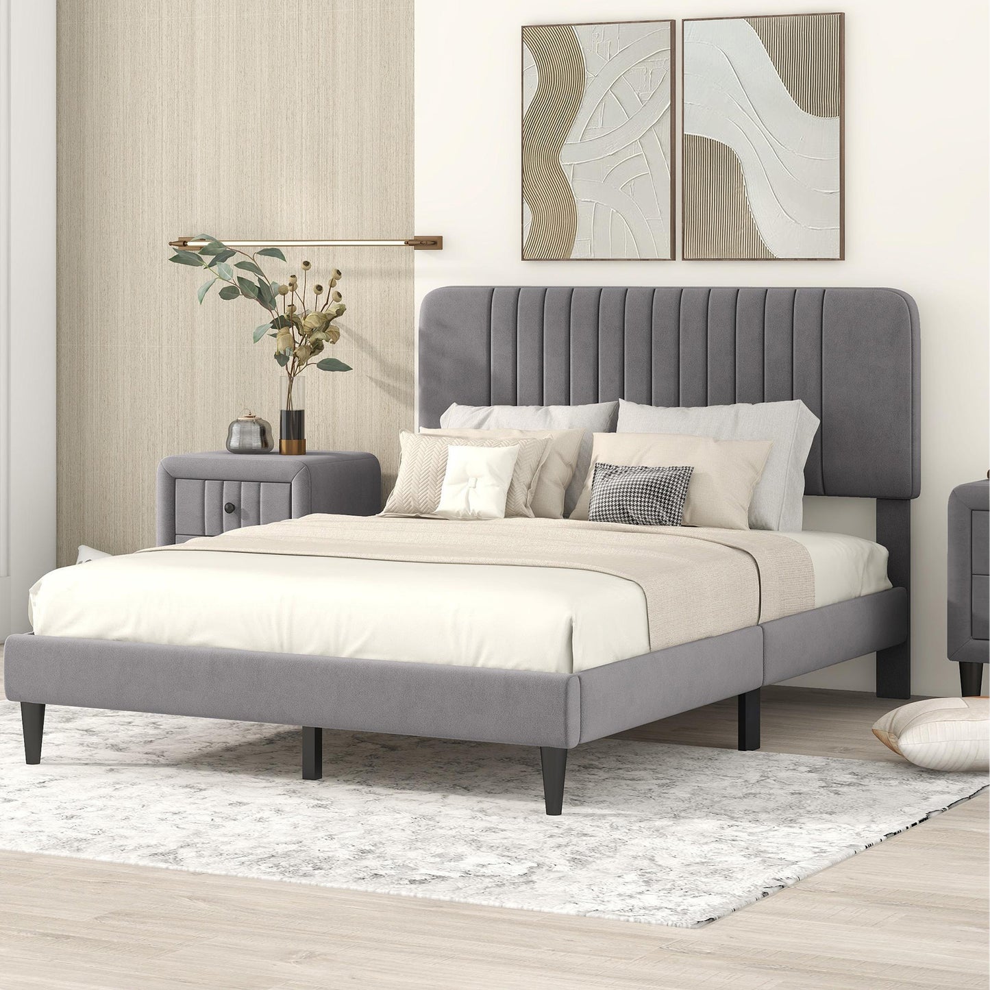 SYNGAR Full Bed Frame, New Upgrade Full Size Velvet Upholstered Platform Bed Frame with Tufted Headboard, Mattress Foundation Solid Wood Frame Platform Bed Frame, No Box Spring Needed, Grey